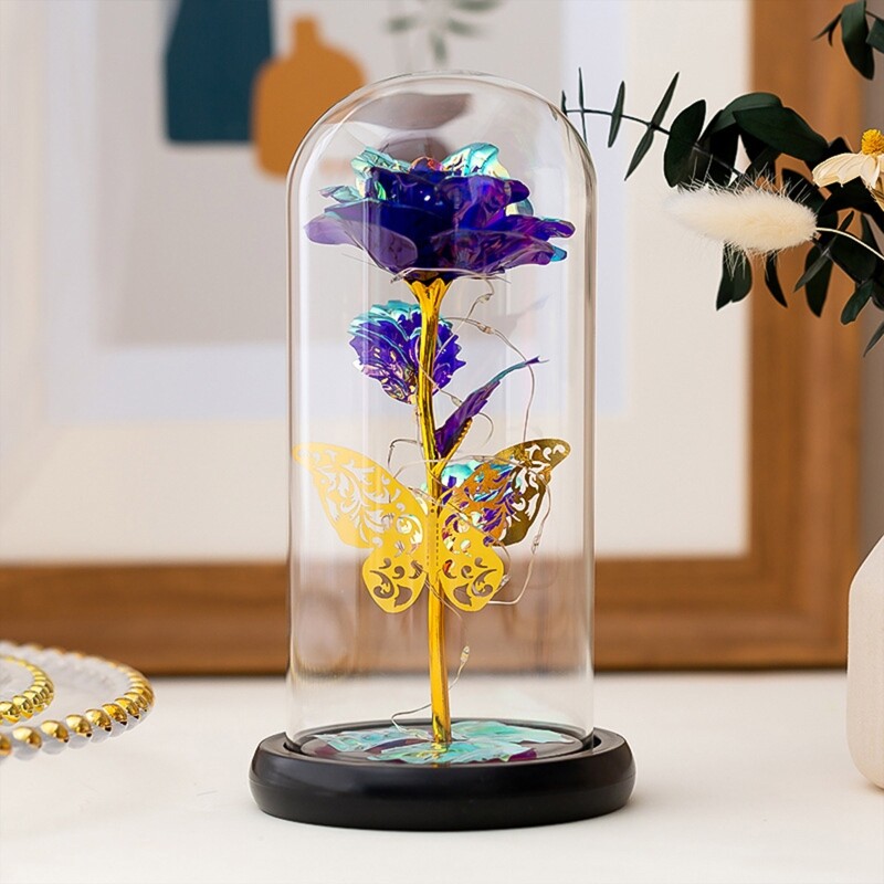 Forever Flower Gold Foil Rose Flowers in Glass Dome LED Light Valentine s Day