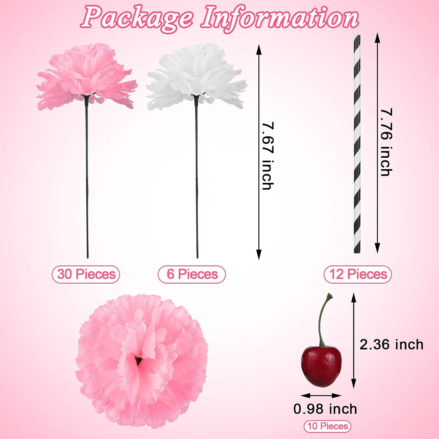 6 Sets Pink Carnations Artificial Flowers, 50’S Theme Party Decorations Include
