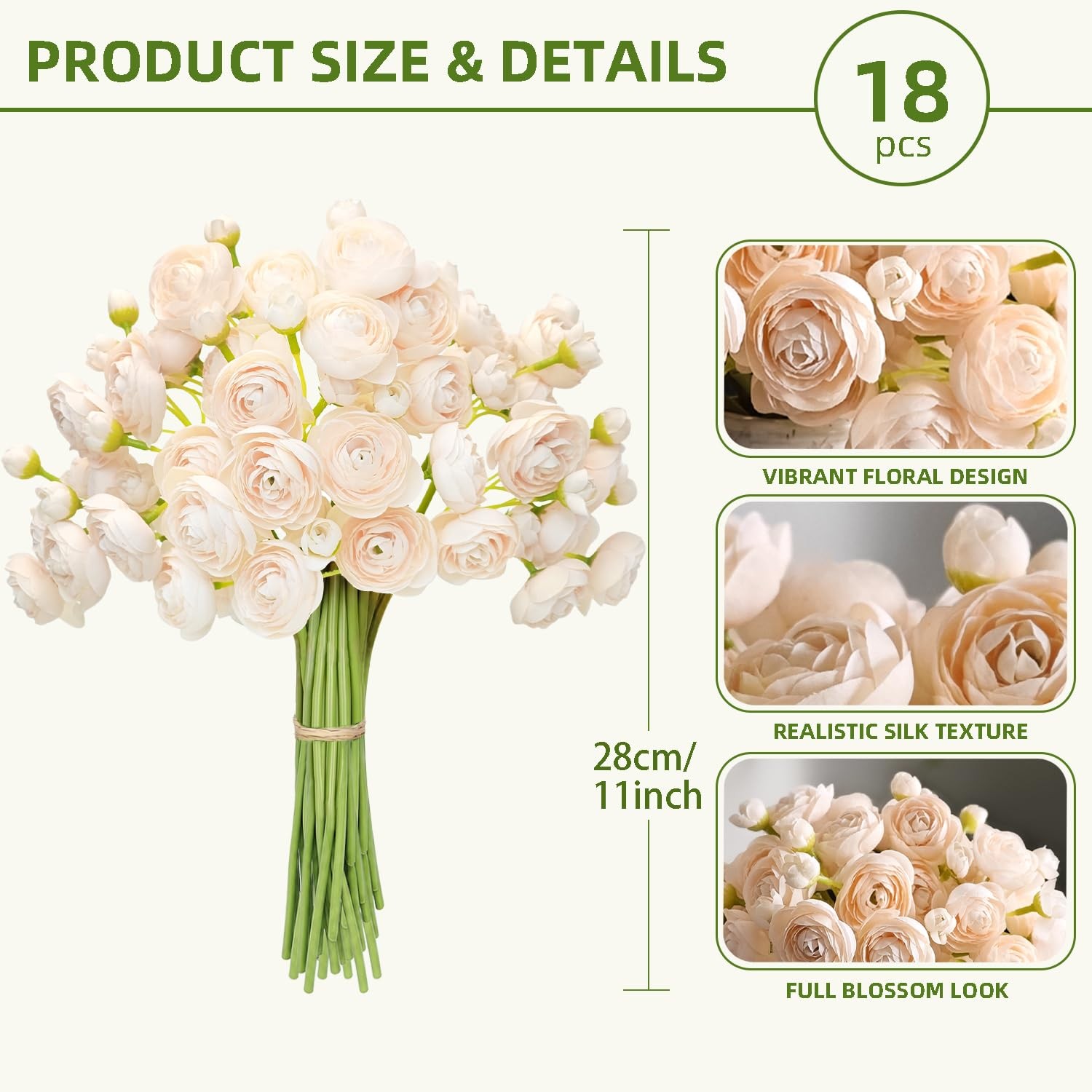 Artificial Ranunculus Flower Light Champagne Silk Flowers 18pcs