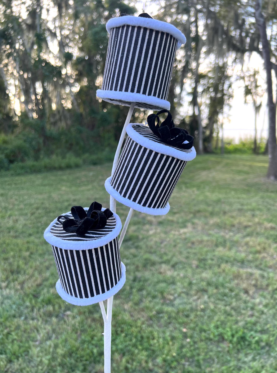 Black and White Striped Round Present Packages Spray Stem Christmas Pick