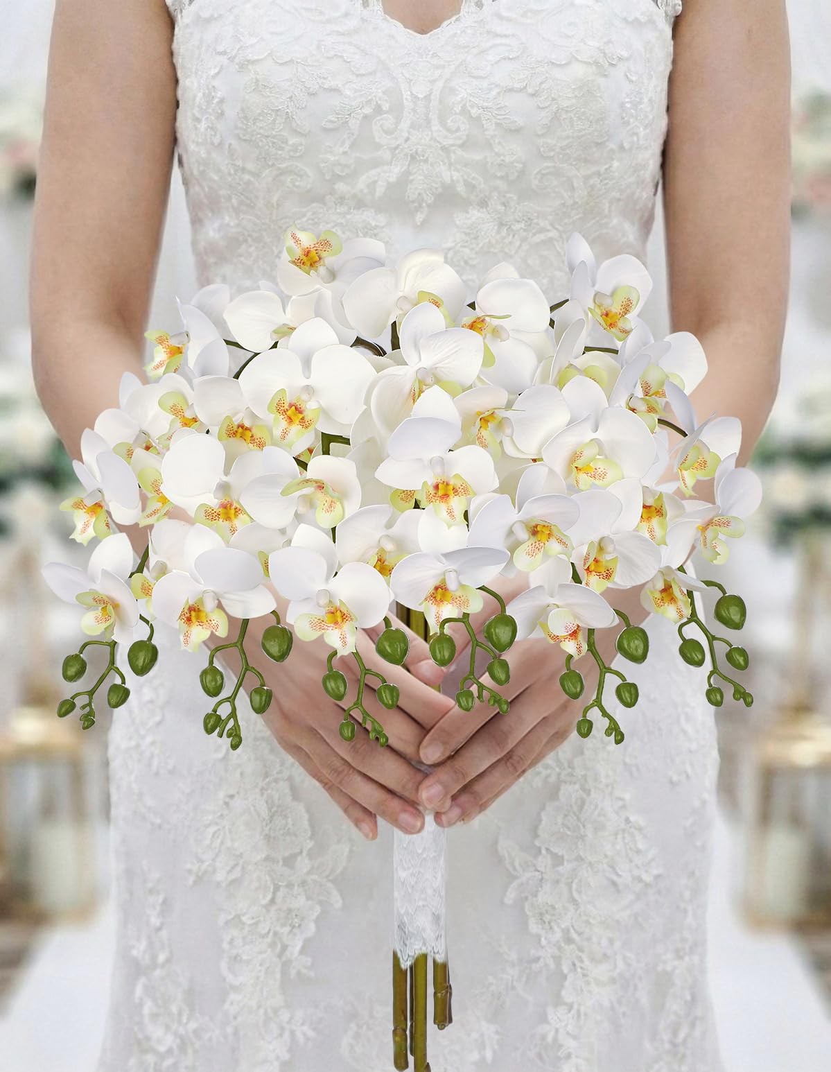 6 PCS White Orchids Artificial Flowers 25 Inch Silk Table Centerpiece Decor