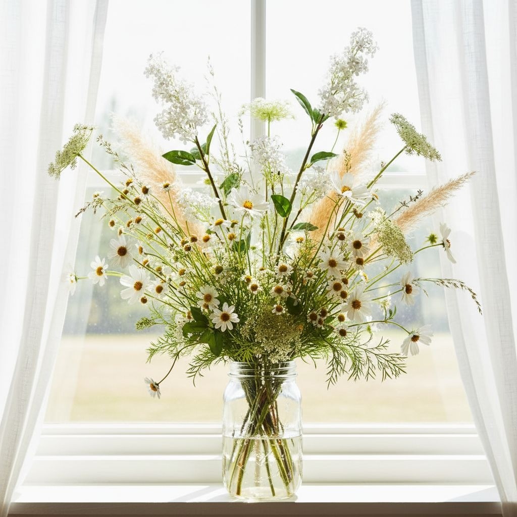 Artificial White Lilac Look Stems Set of 2, 30 Inch Faux Filler Flowers, Cottage