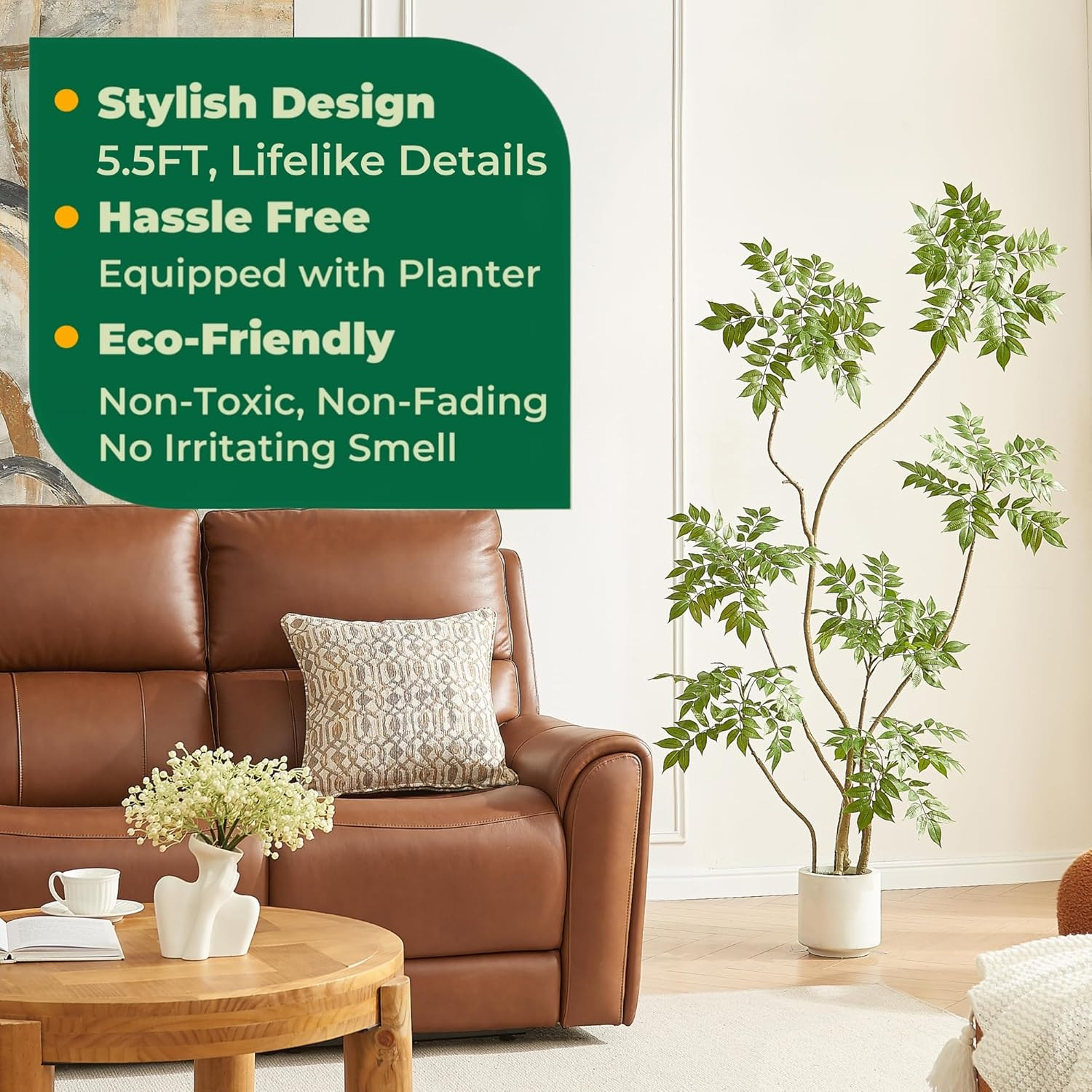 5.5FT Artificial Sumac Tree with White Pot, Tall Faux Plants Indoor, Large Fake