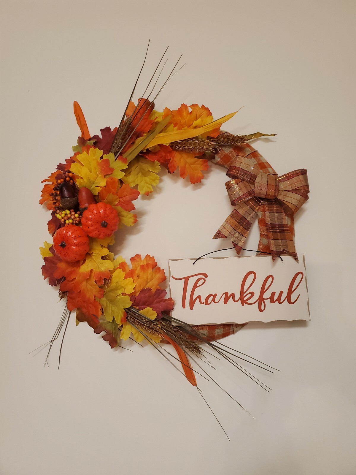 THANKFUL orange yellow FLOWERS pumpkins WREATH FALL autumn Decor Front Door 16″