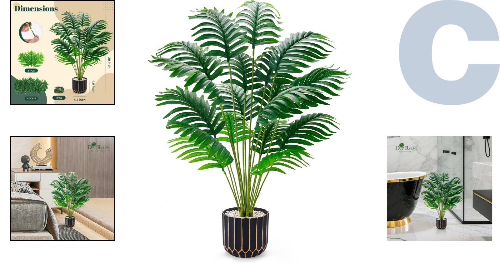 Realistic 28” Tall Faux Palm Tree with Black & Gold Pot for Stylish Home Decor