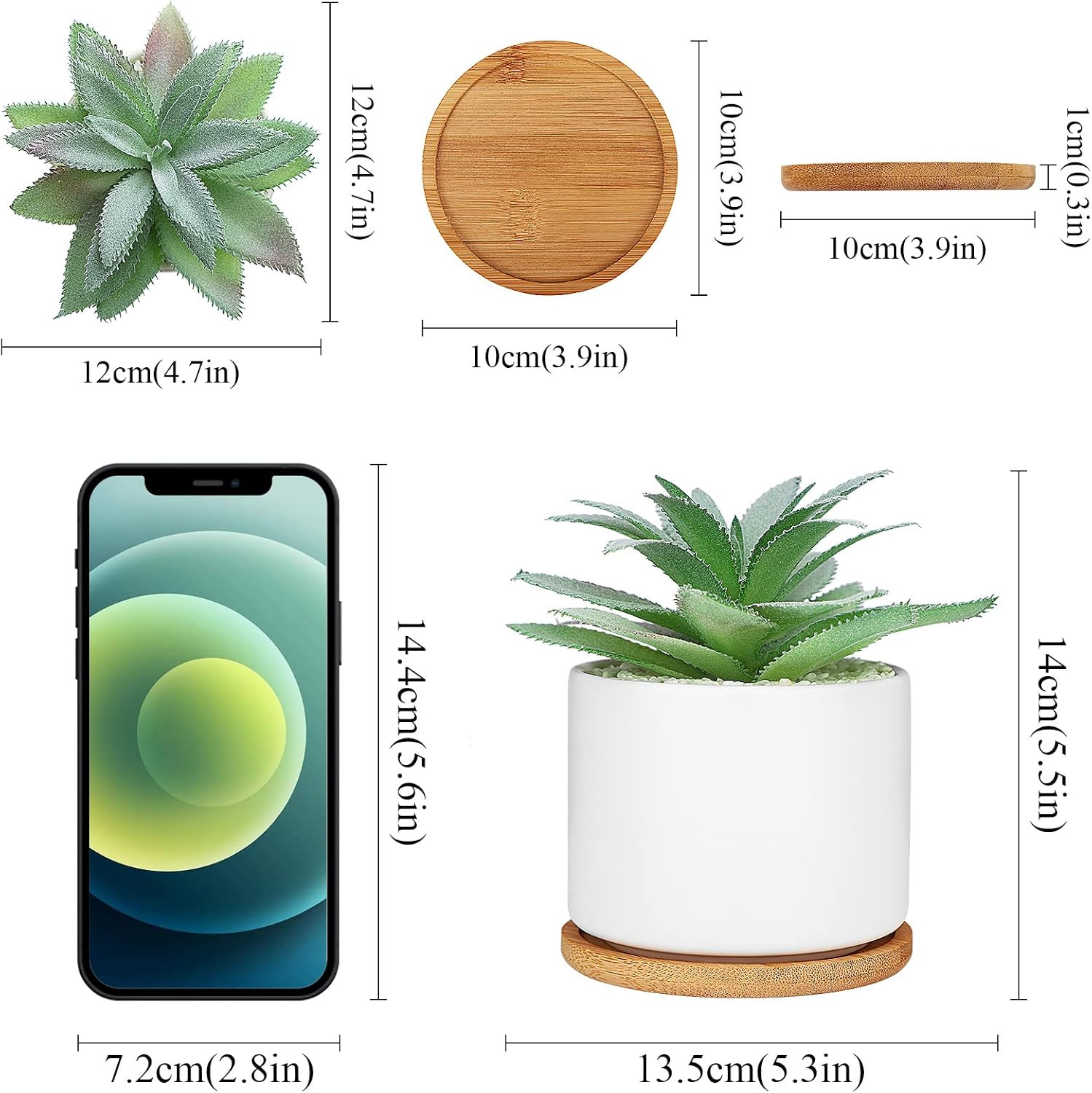 Set of 2 Faux Agave Succulents in Ceramic Pots with Bamboo Tray for Home Decor