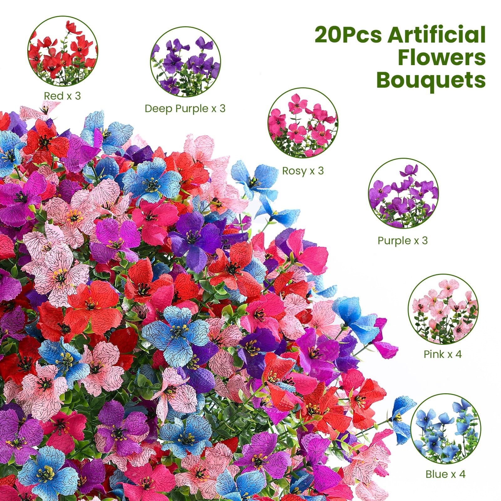 20 Bundle UV Resistant Artificial Silk Mums Eucalyptus 6 Colors HomeGarden Decor