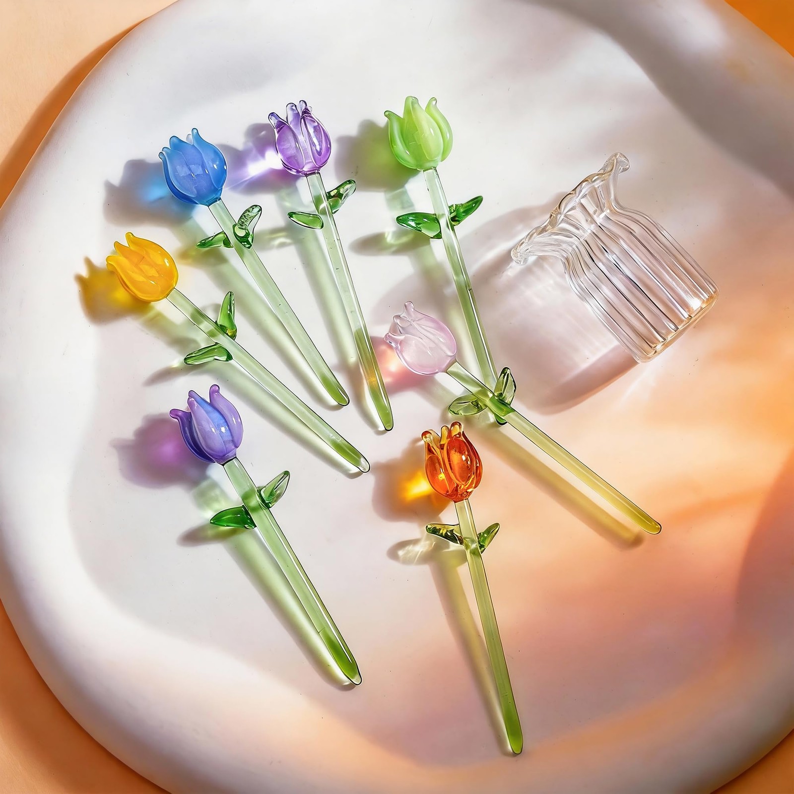 7 Pcs Mini Hand Blown Glass Tulip Artificial Flowers Vase for