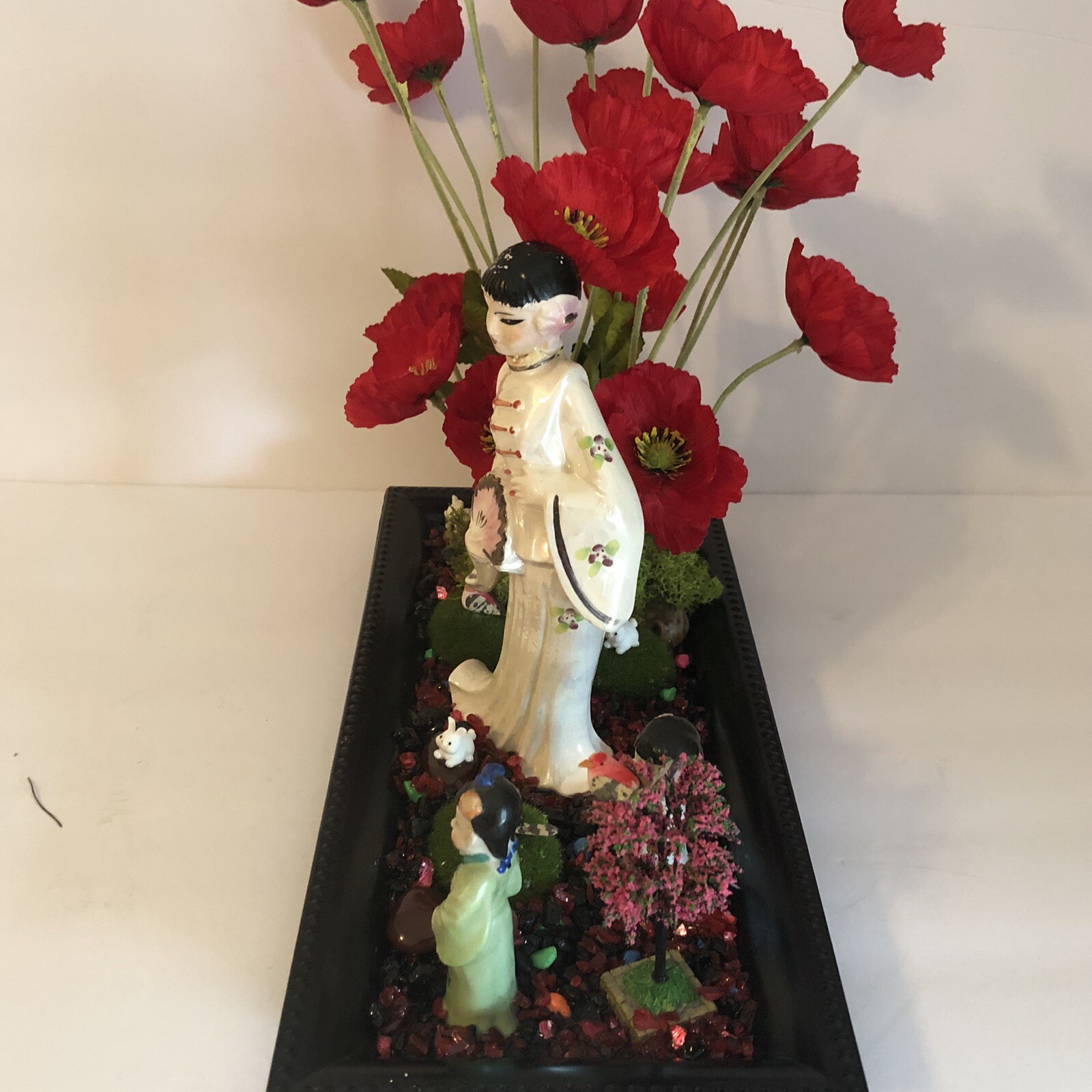 OOAK Asian Art Assemblage Geisha Garden Diorama Faux Poppies Home Decor