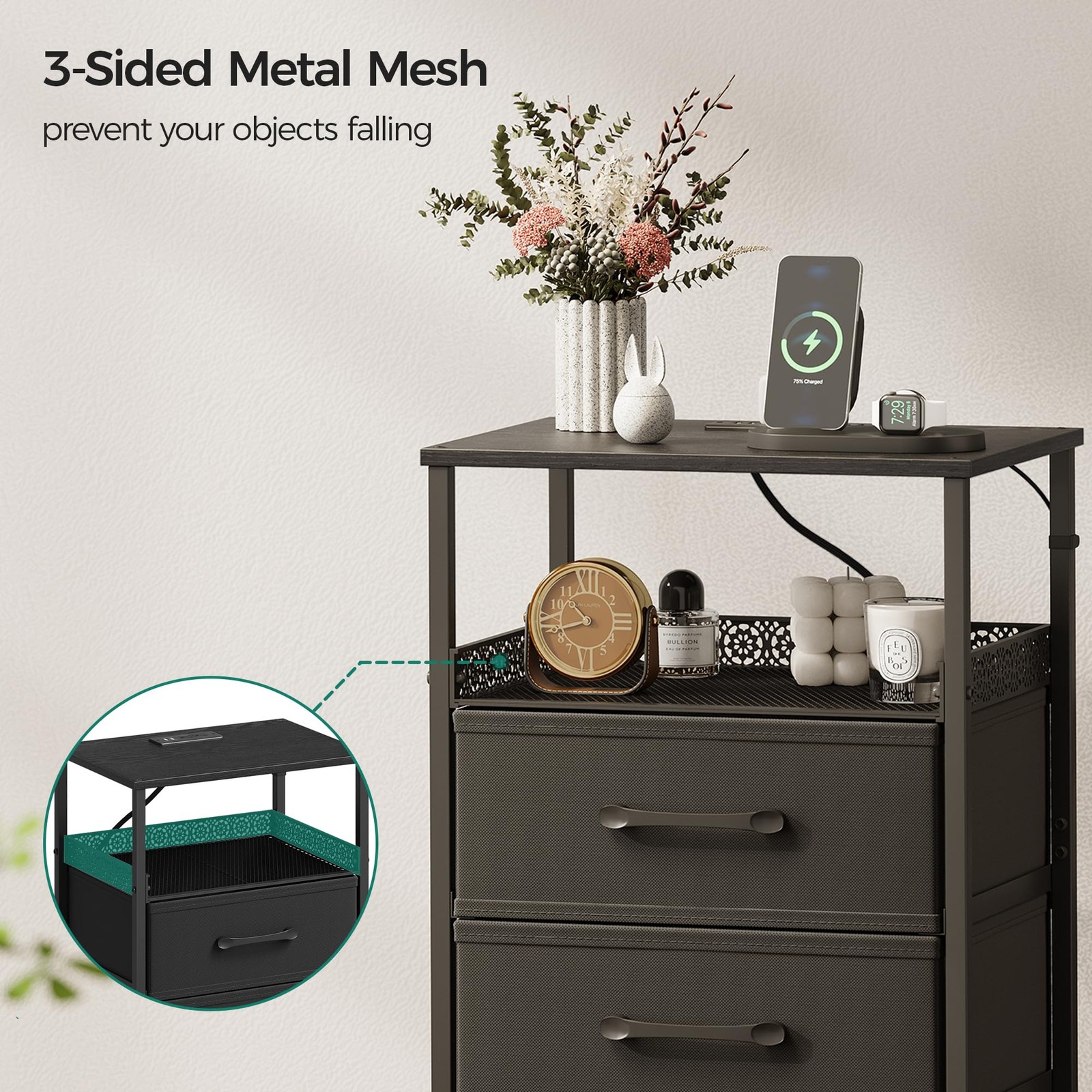 Nightstand Set of 2 with Charging 7.44 x 13.11 x 17.32 inches, Black