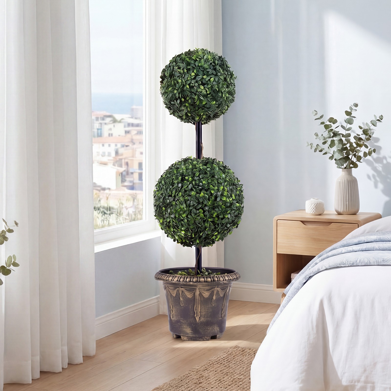 Artificial Boxwood Topiary Tree,Sun-Protective Double Ball Shrubs,Potted Plants