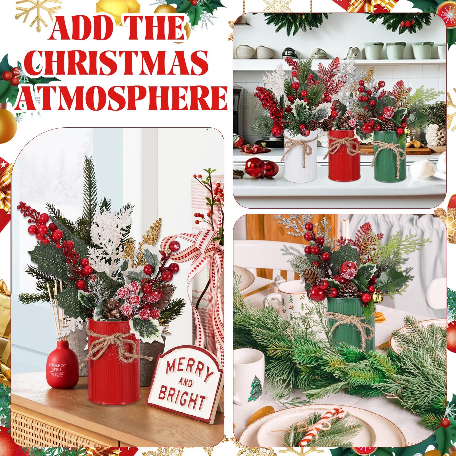 6 Pack Christmas Centerpiece Decoration Floral Arrangement, Assorted Artifici…