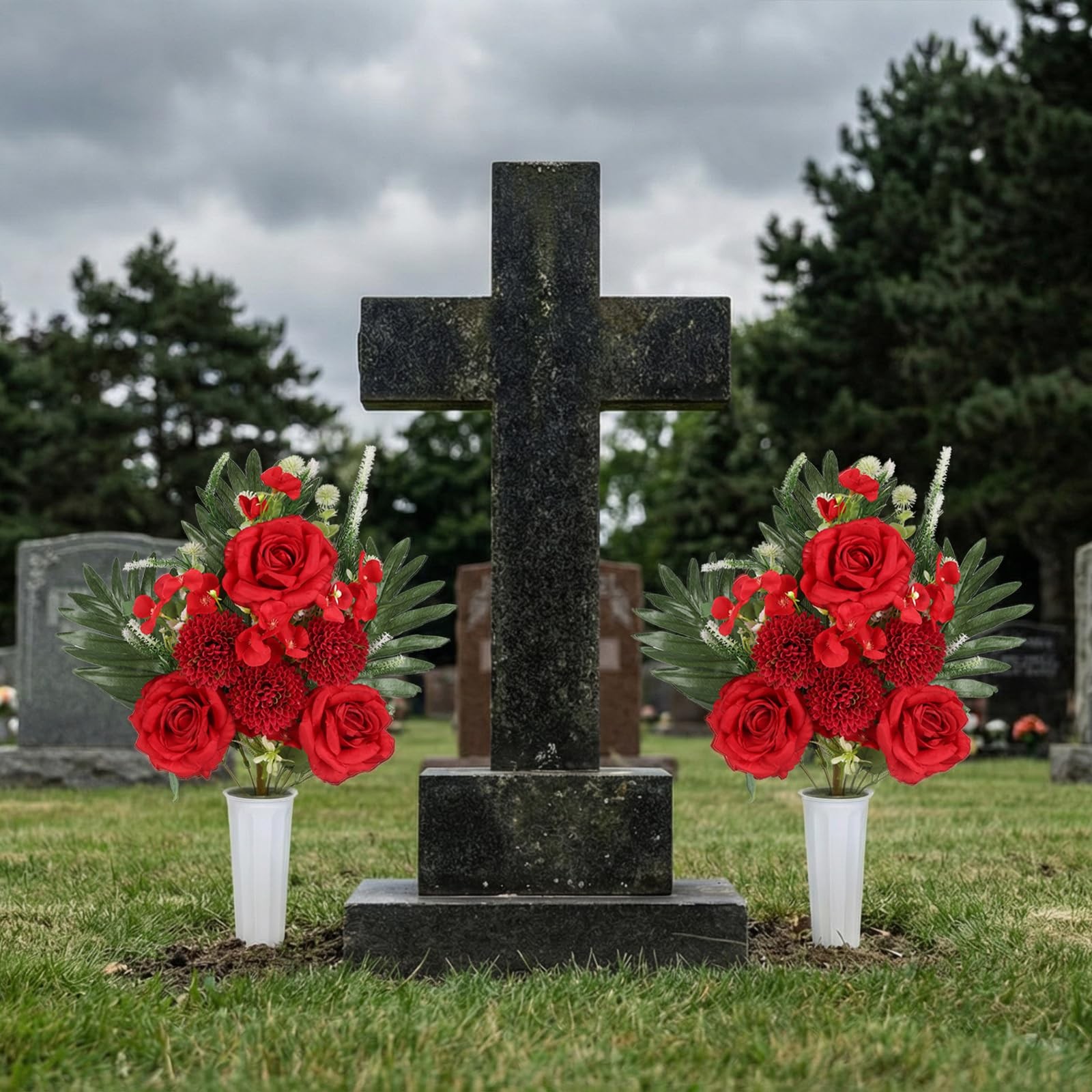 2 Sets Cemetery Flowers for Grave, Outdoor Roses Chrysanthemum Hydrangea Arti…