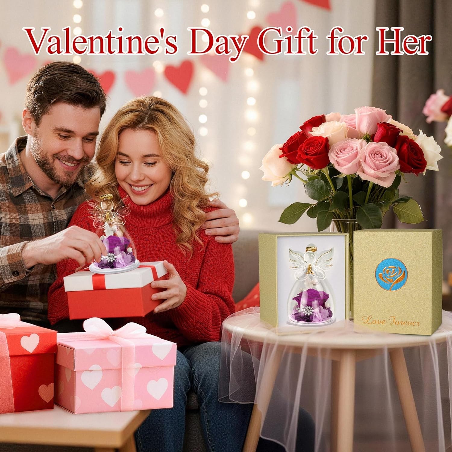 Romantic Preserved Flower Rose in Glass Angel Figurine – Perfect for Mom or Wife