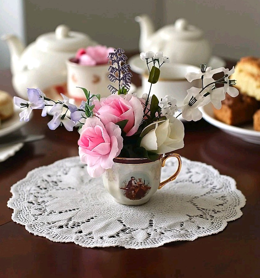 Tea Party Floral Arrangement Pink White Roses POP-IN Bridal Vanity Elegant Gift