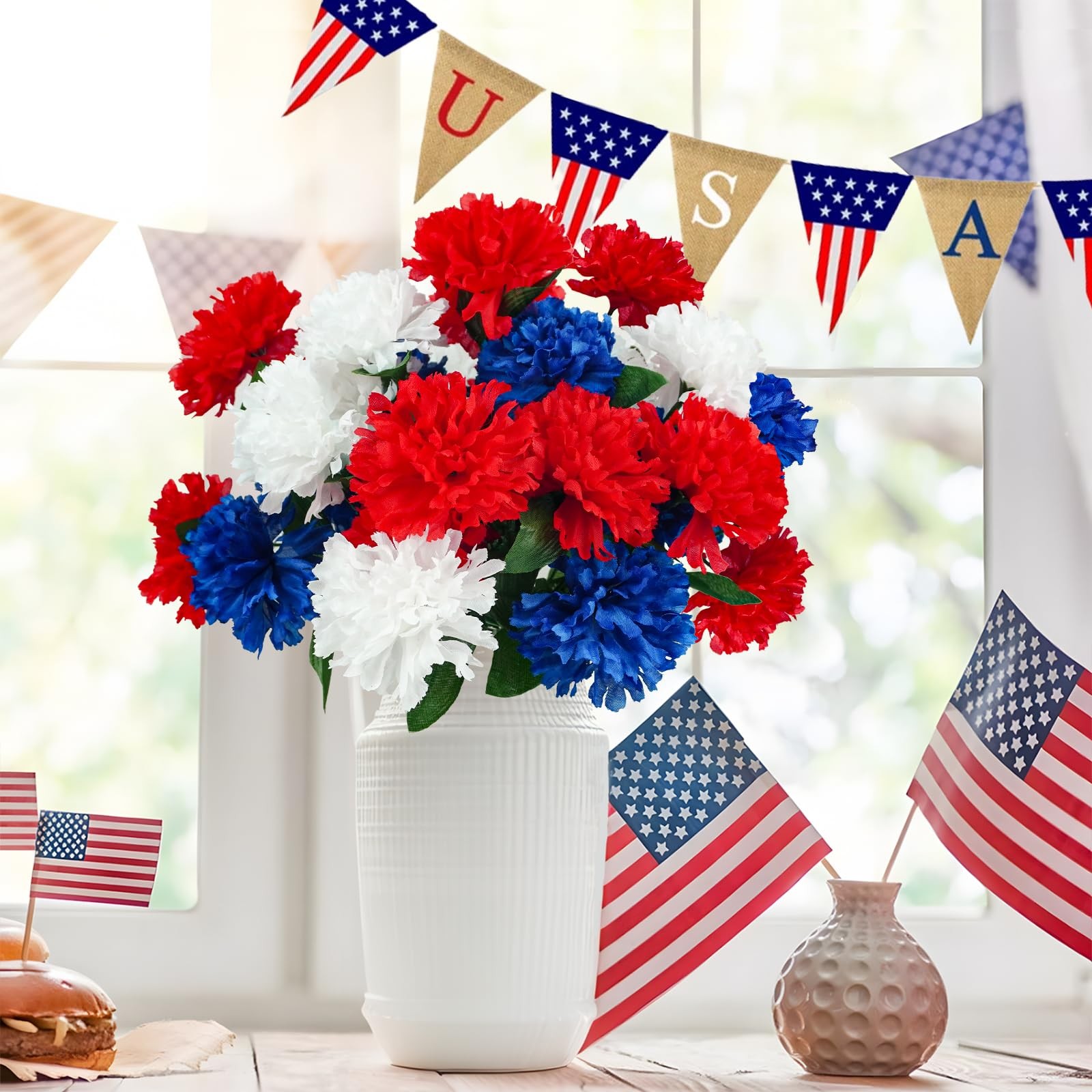 6Pcs Red White Blue Faux Mums Flowers for 4th of July Decor, Patriotic Memori…