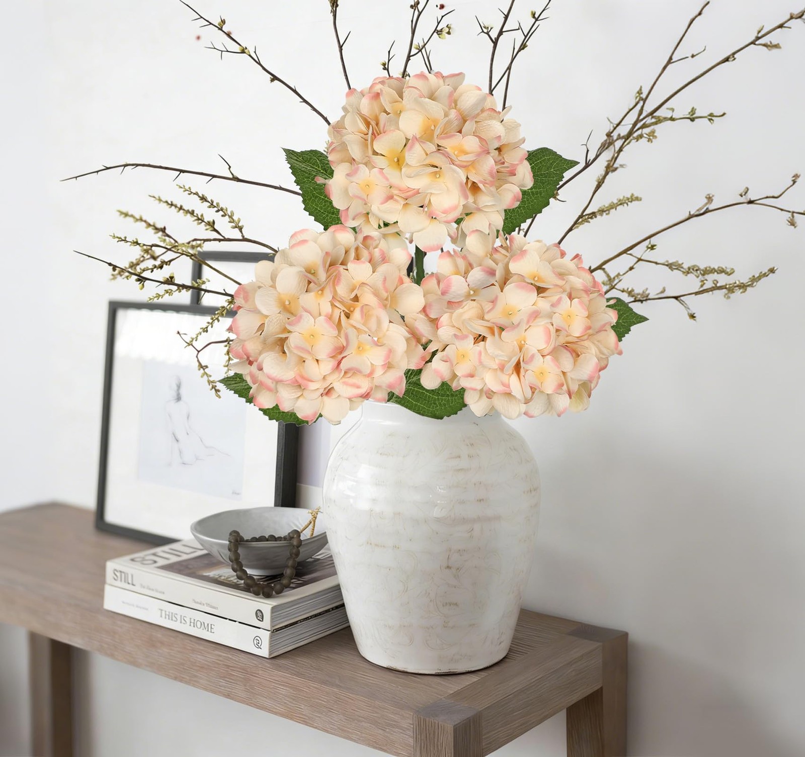 3Pcs Beige Hydrangea Artificial Flowers 28.7″ Real Touch Large Faux Silk Hydr…