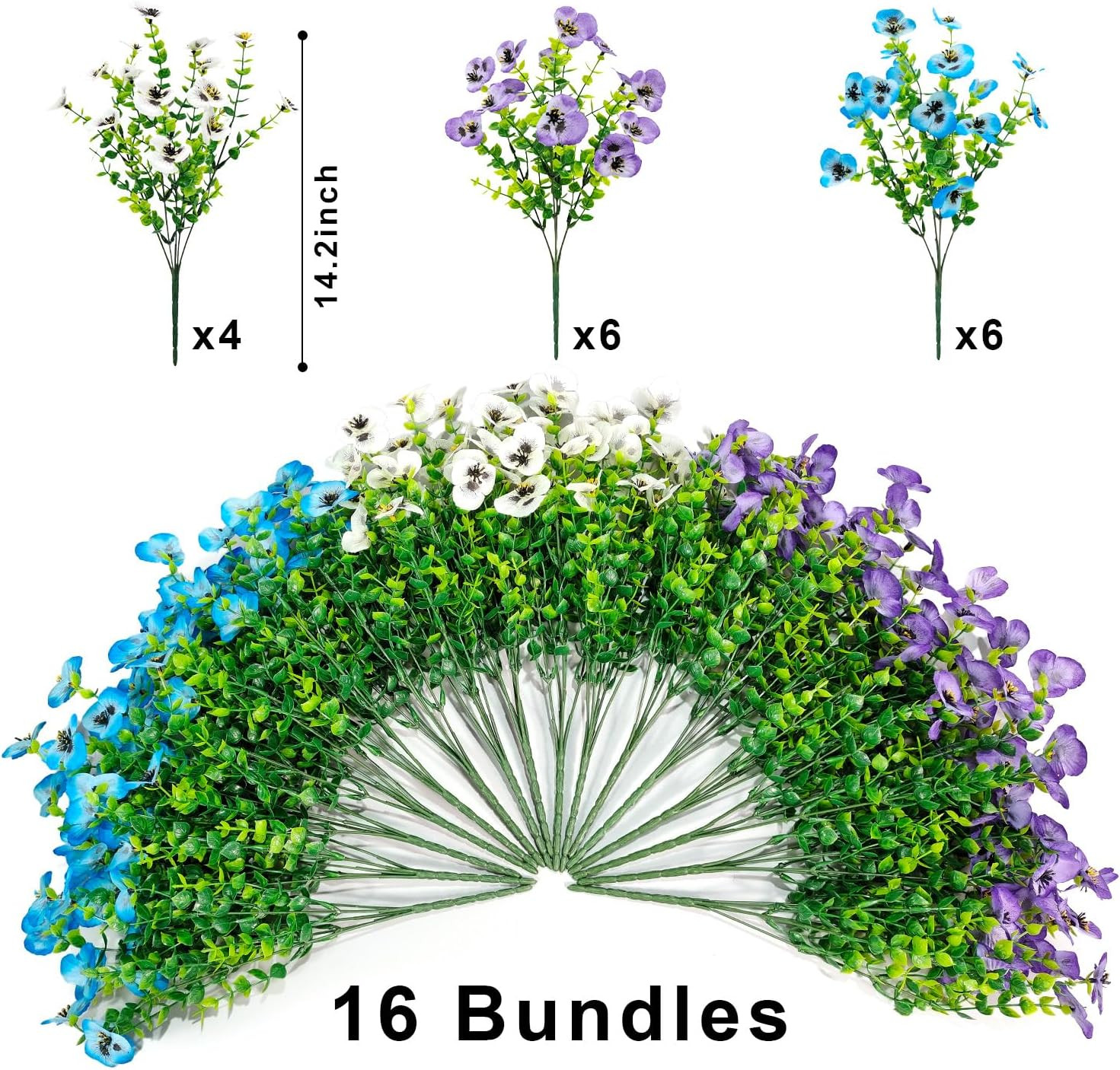 16 Bundles Artificial Fake Pansies Flowers for Outdoors Silk Colorful Pansy UV R