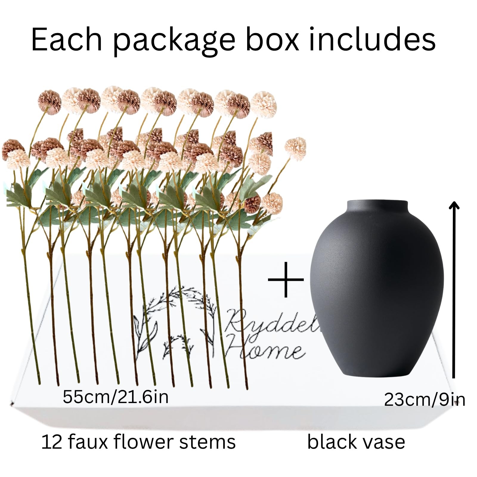 12 Stems Fake Mum Flowers with Black Vase for Home Decor