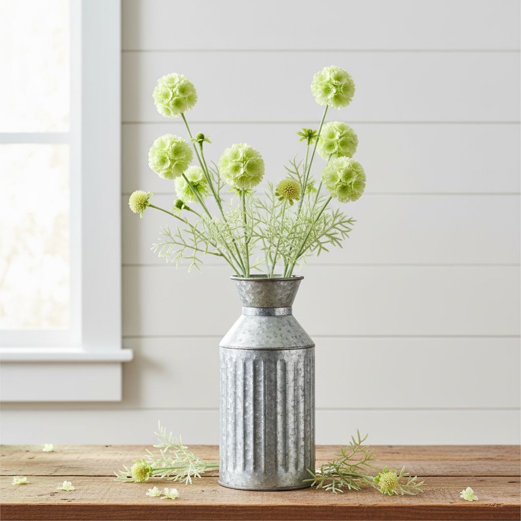 Artificial Scabiosa Flower Stems Green White Faux Wildflower Cottage Floral Fill