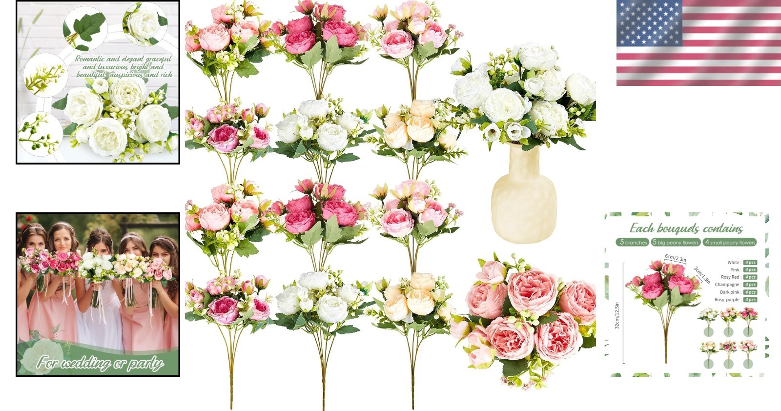 Artificial Peony Flowers, Colorful 24 Bundles | Silk Bouquet