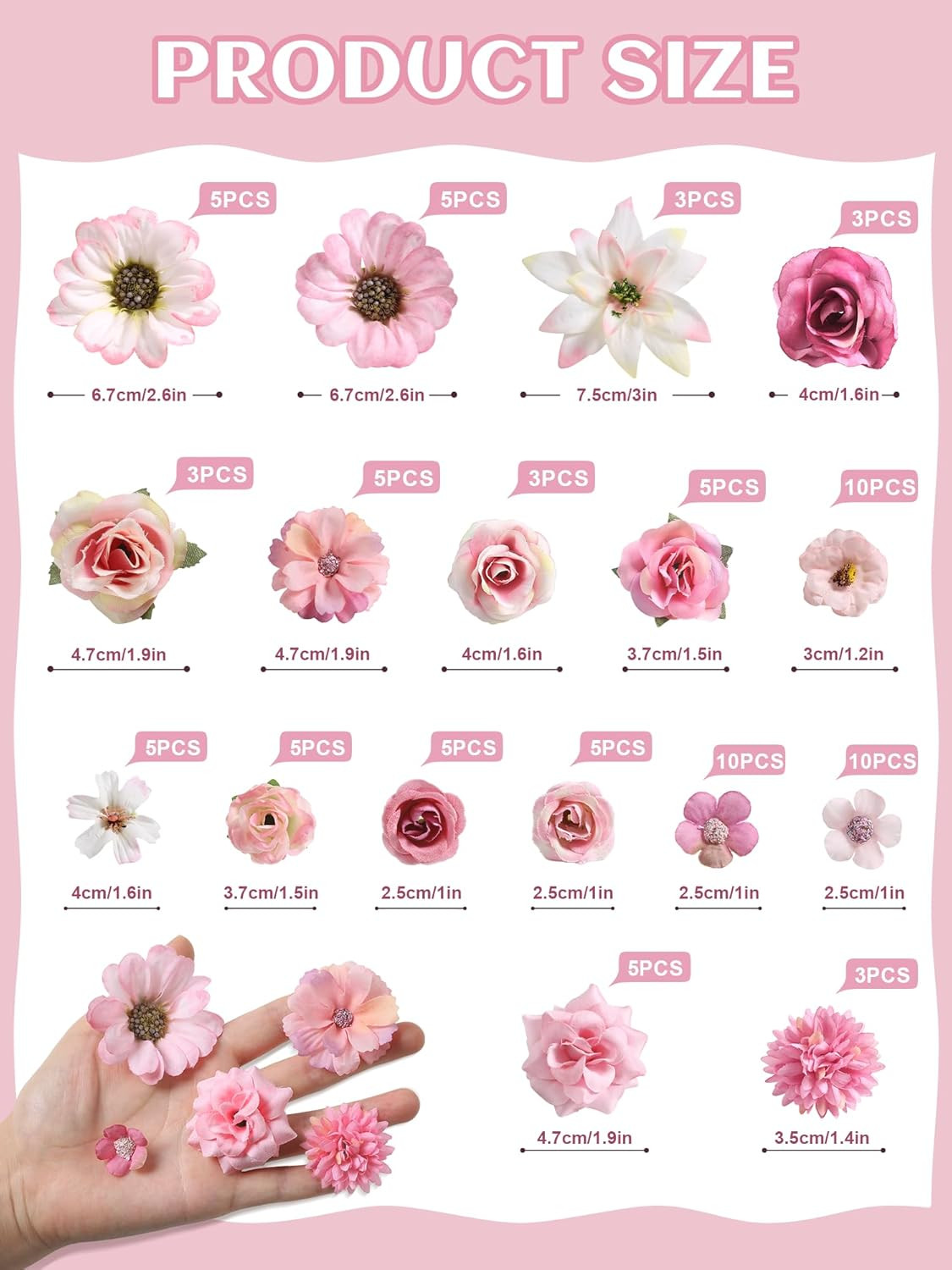 Mini Artificial Flowers for Crafts, 90 Pcs Rose Pink Silk Fake Flowers Assorted