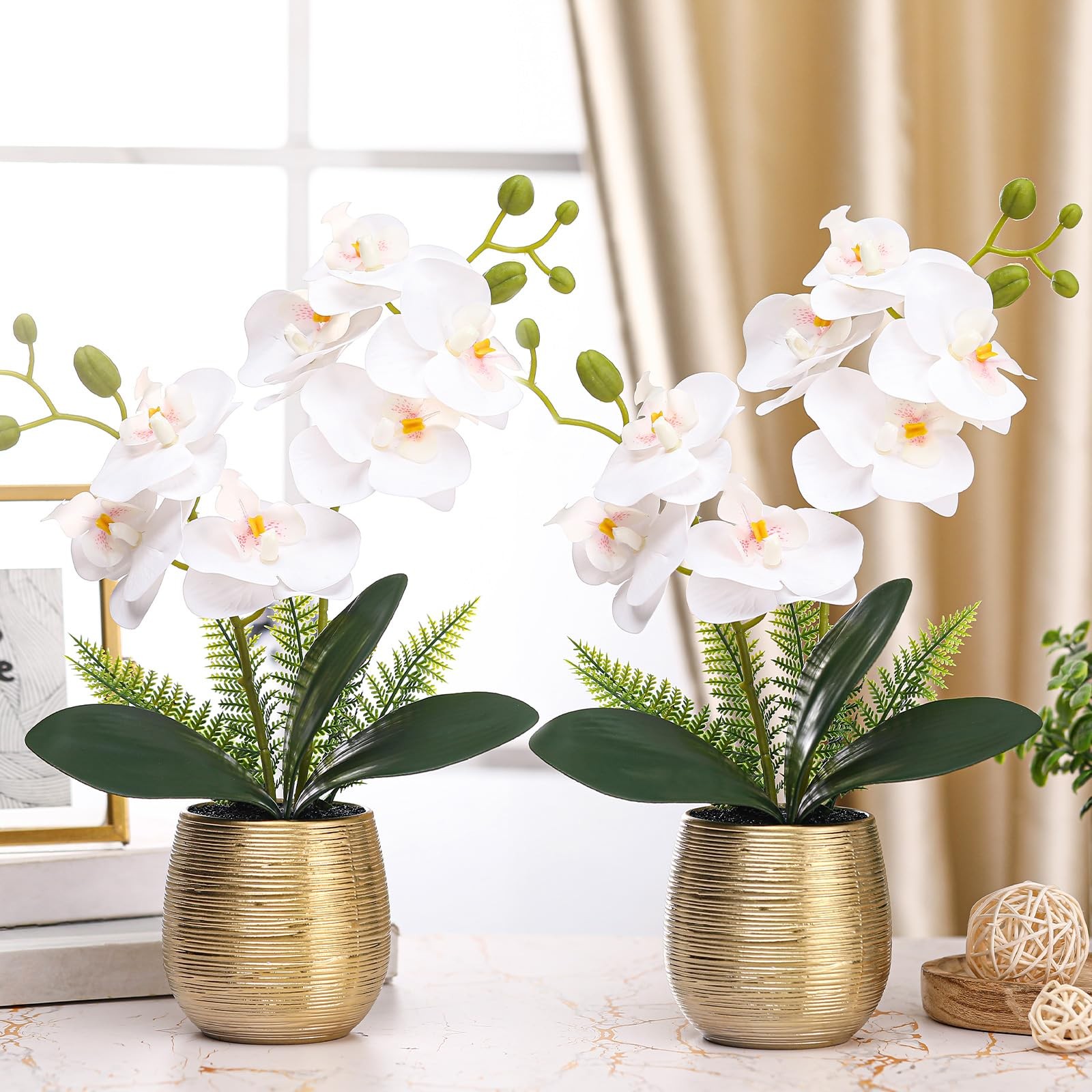 2 Pcs Orchids Artificial Flowers in Gold Ceramic Vase 13” White Fake Flowers…
