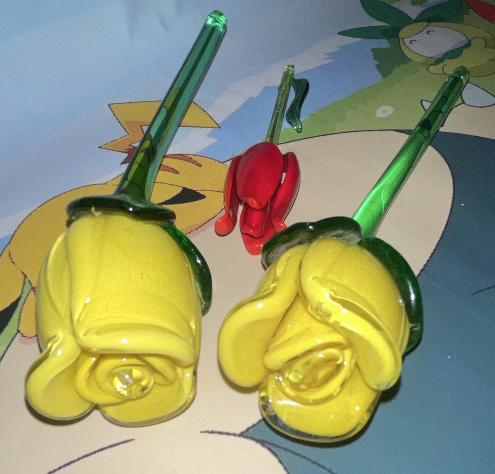 Artificial Glass Flower Stems Lot of 3: 2 Yellow Roses & Red Tulip, Green