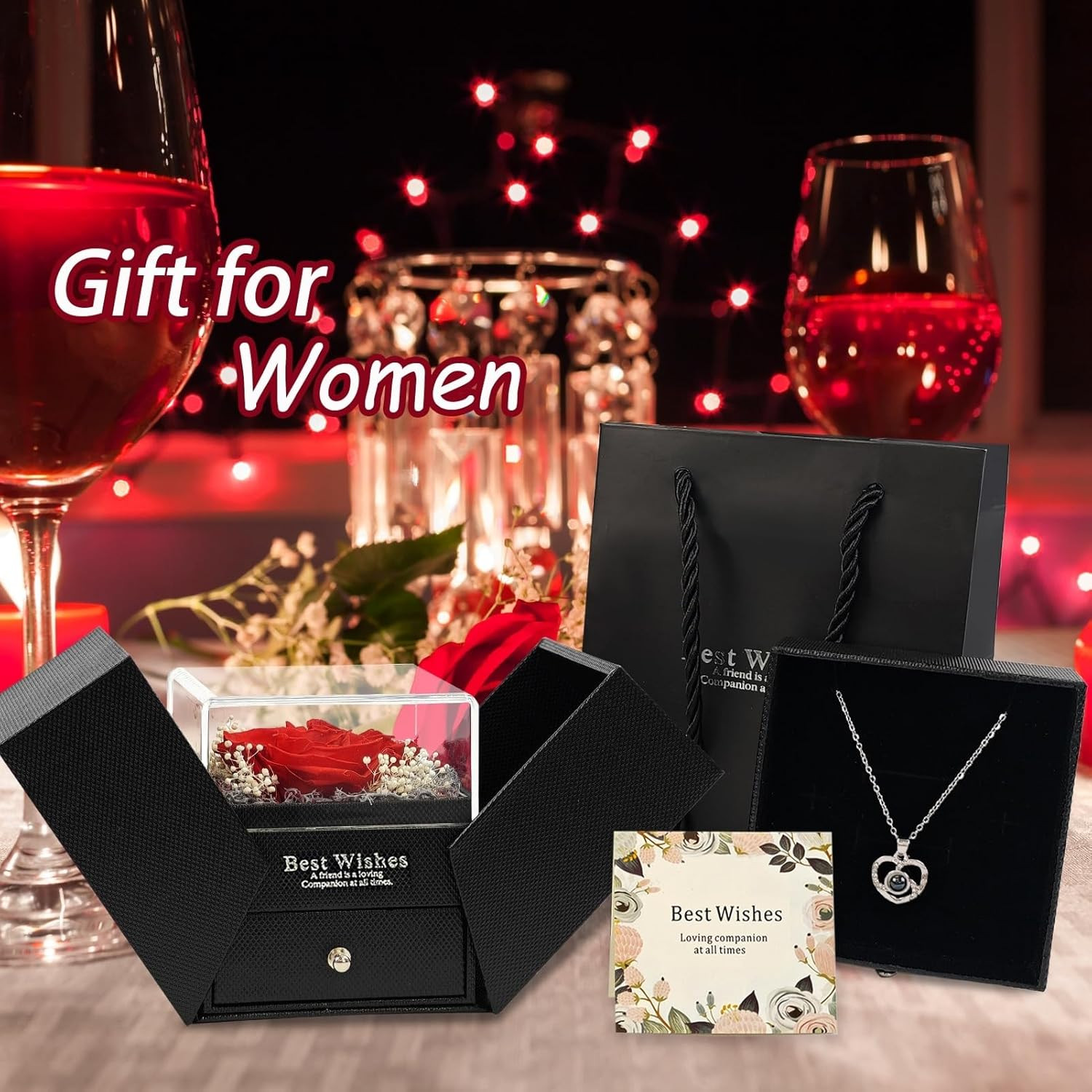 Preserved Real Red Rose with Matching Red LED Light & 100 Languages Necklace – E