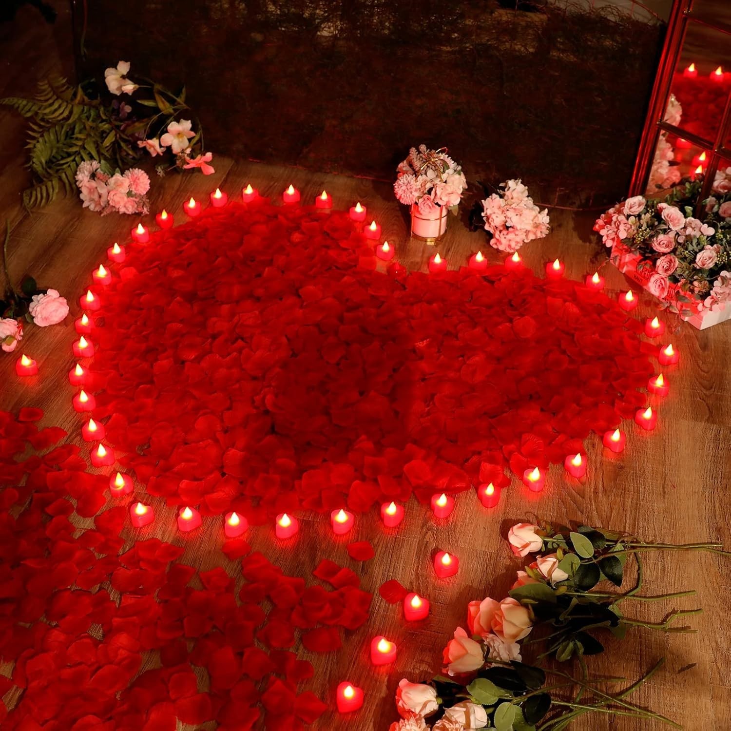 Heart Candle and Rose Petal Set – 72 LED Lights & 6000 Petals for Romantic Decor