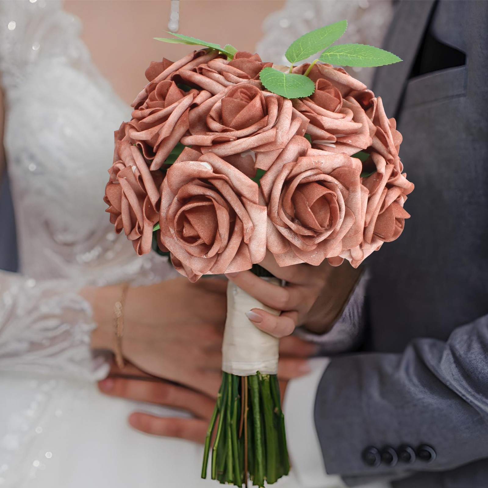 50PCS Warm Taupe Artificial Roses, Real Looking Foam Flowers, Leaves, DIY