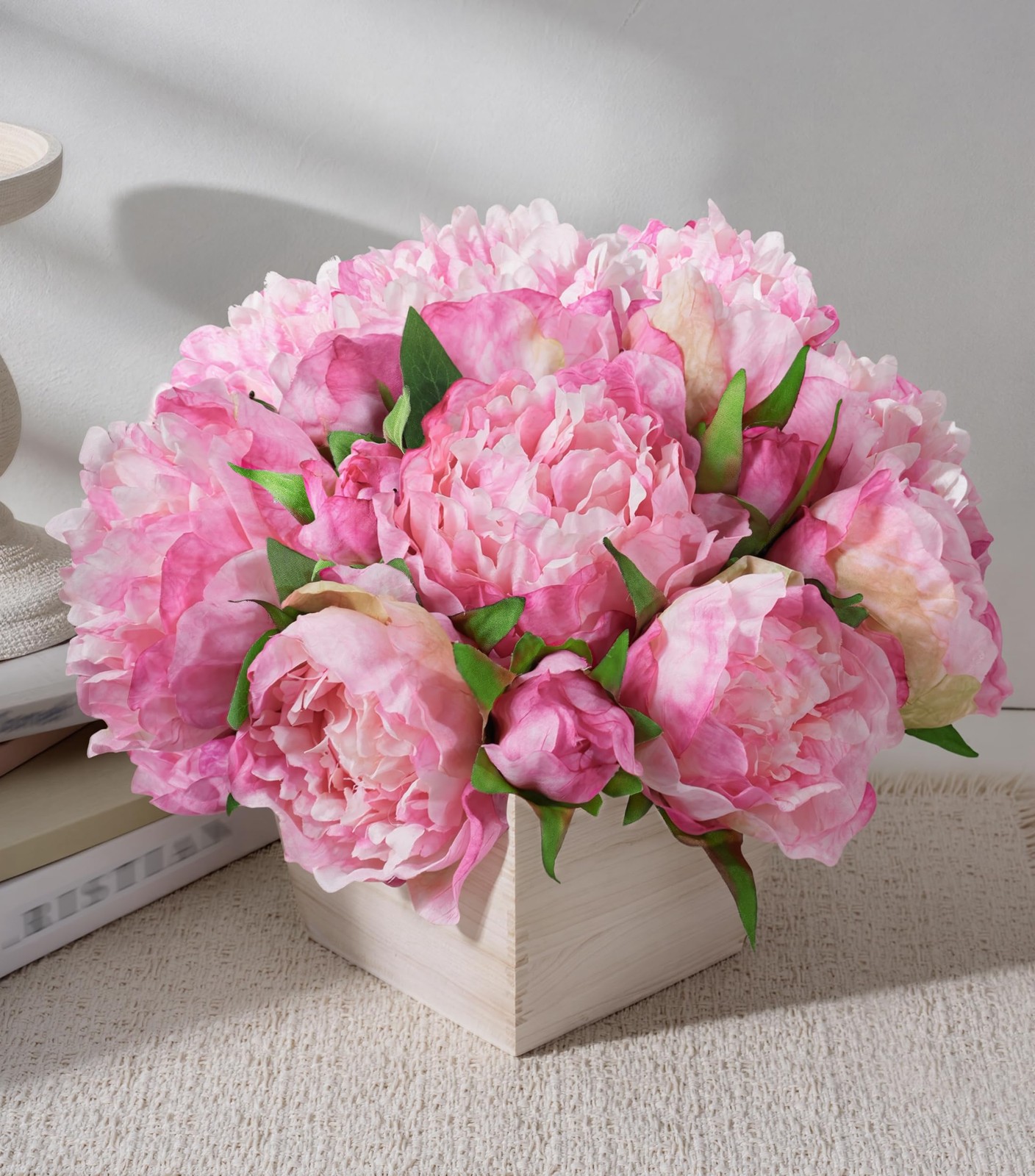 12 PCS Peonies Artificial Flowers Wood Pot Pink Silk Floral Bulk Planter