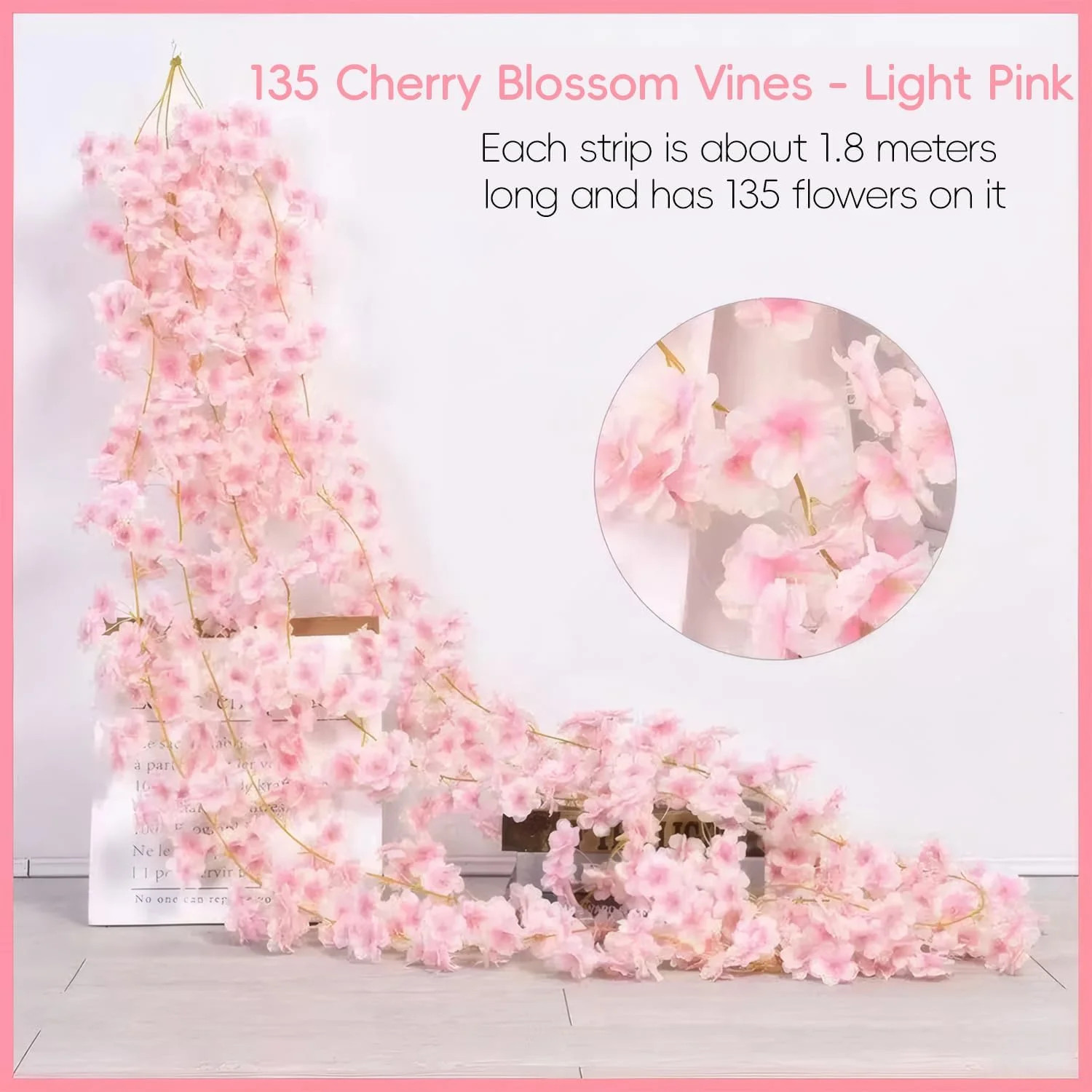 3pcs 5.91 ft Artificial Cherry Blossoms Garland Pink Fake Vines Hanging Silk Che