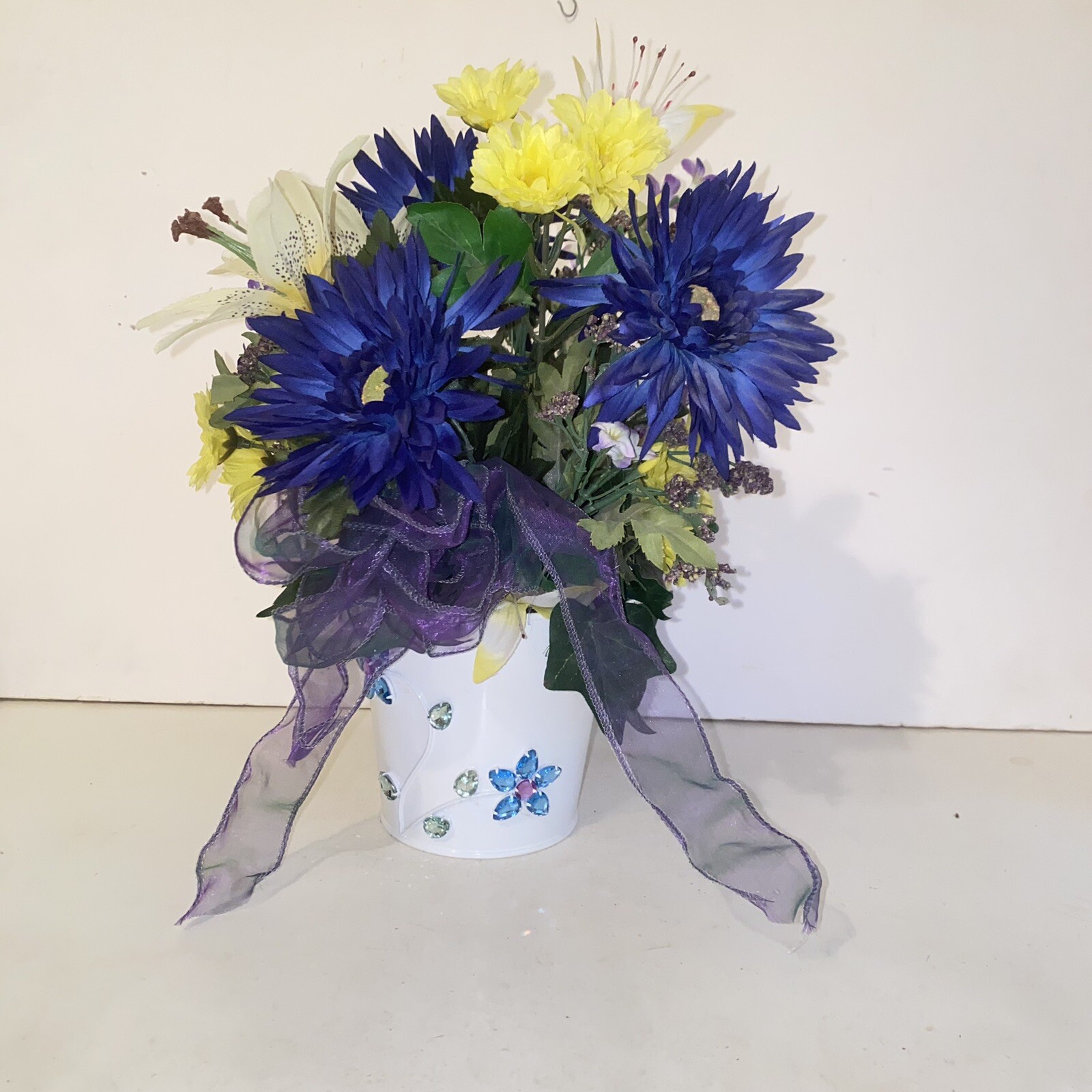 Blue Yellow & Purple Flower Arrangement in Rhinestone Jeweled Tin Planter