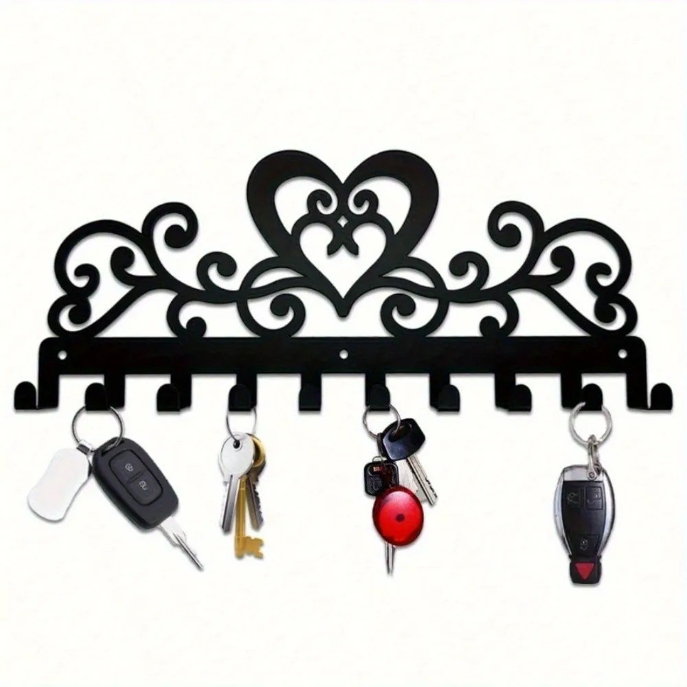 Vintage 10-Hook Metal Key Holder – Farmhouse Love Sculpture Wall Decor Gift