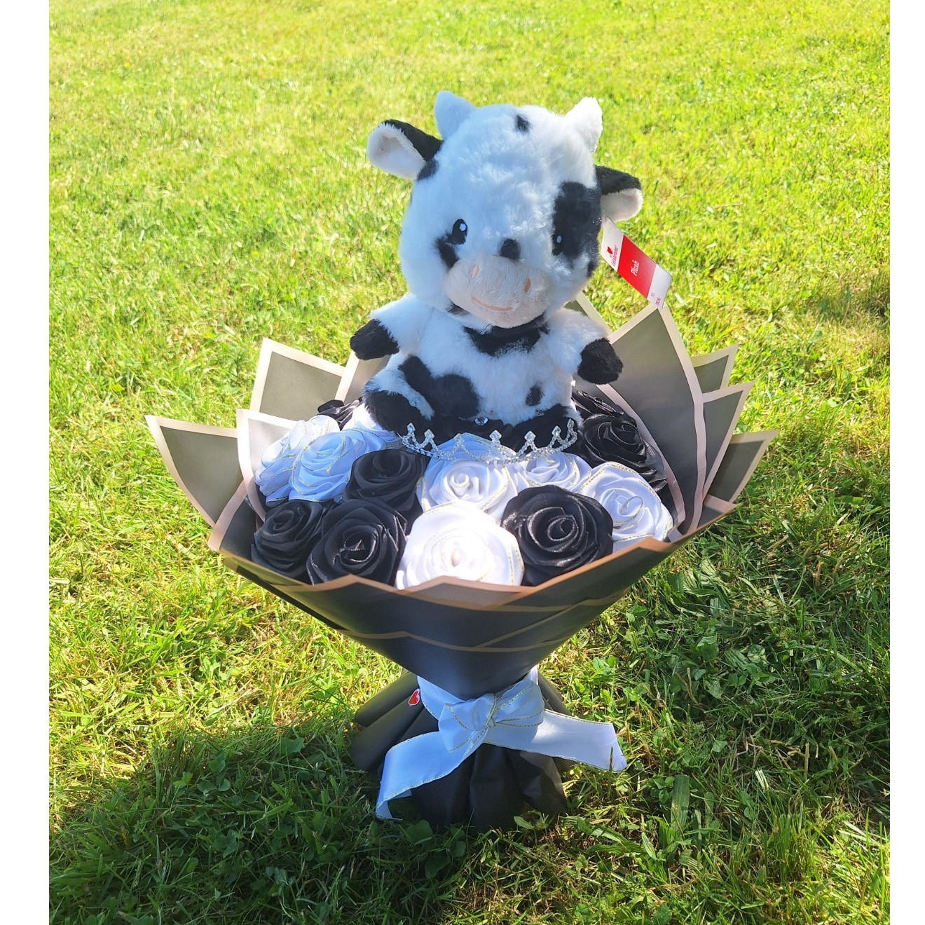 Artificial Black & White Flower Bouquet with Plush Cow Decorative Arrangement