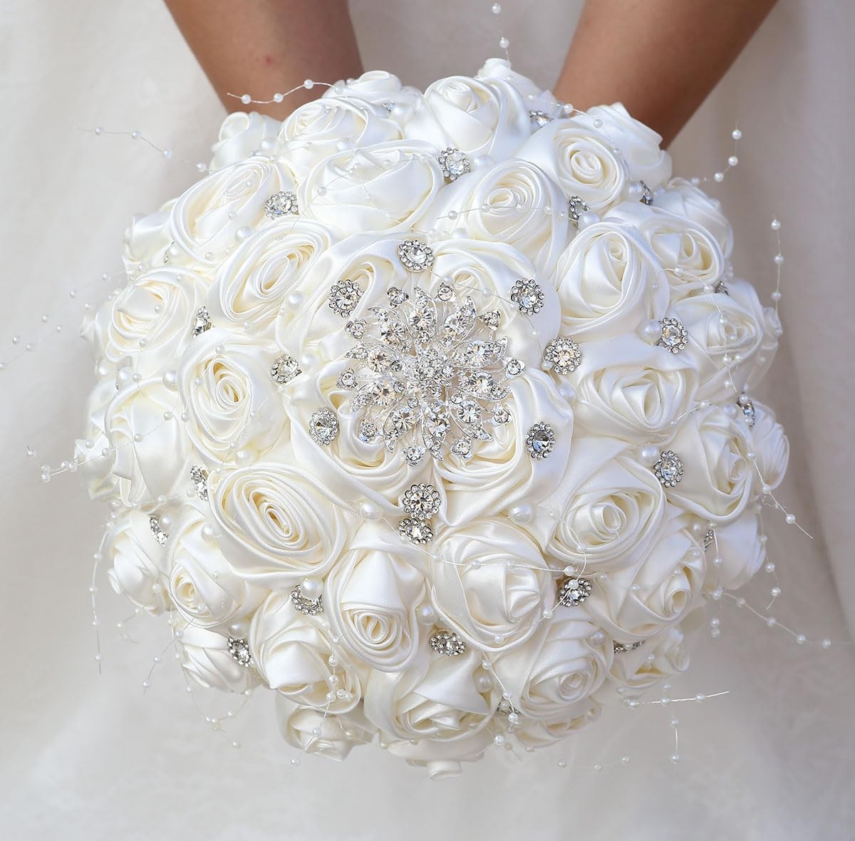 Bridal Wedding Bouquet Round Bling Brooch Holding Bouquet Artificial Rose Flo…