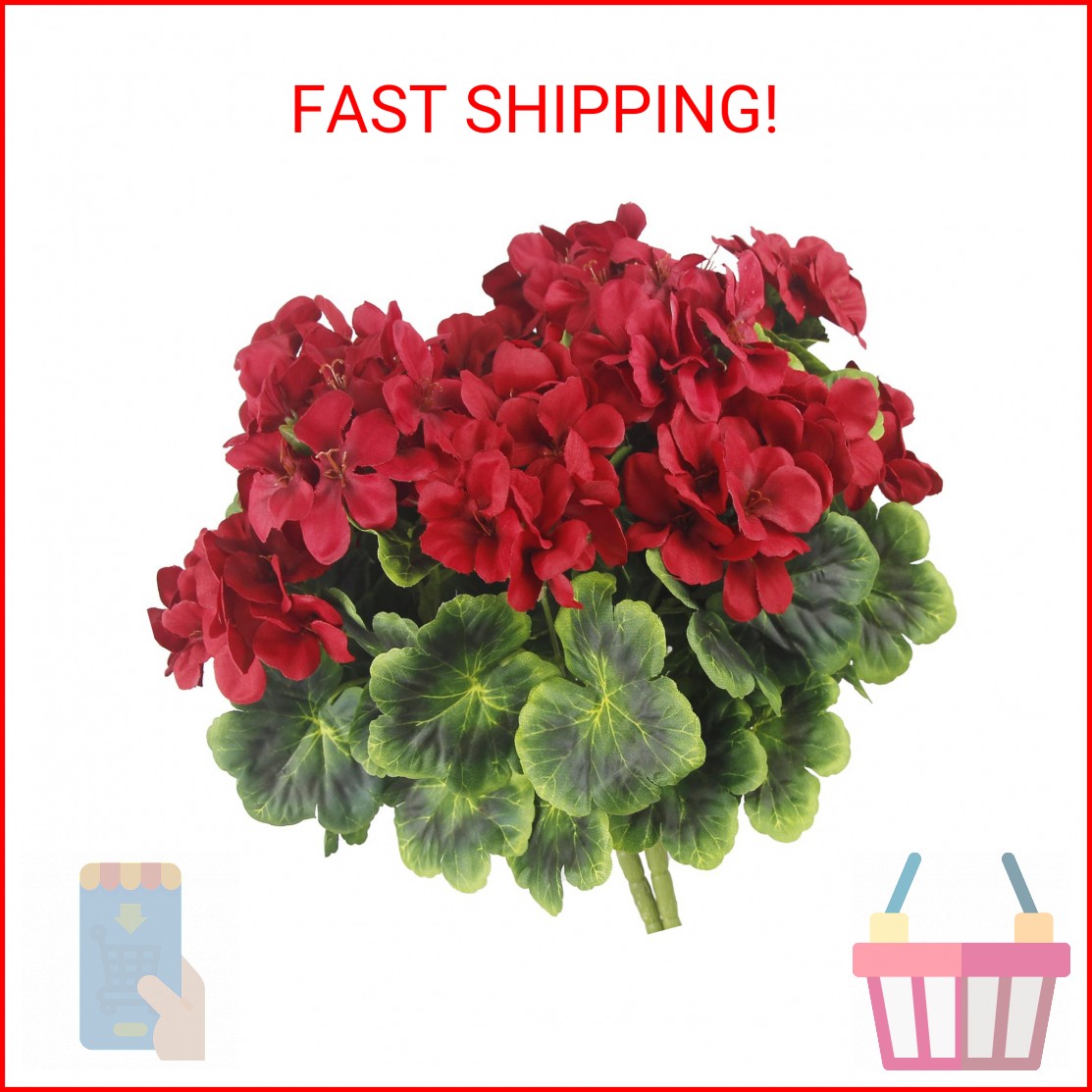 FAICOIA 2 Pcs Artificial Geraniums for Outdoor Silk Geranium Flowers Red Artific