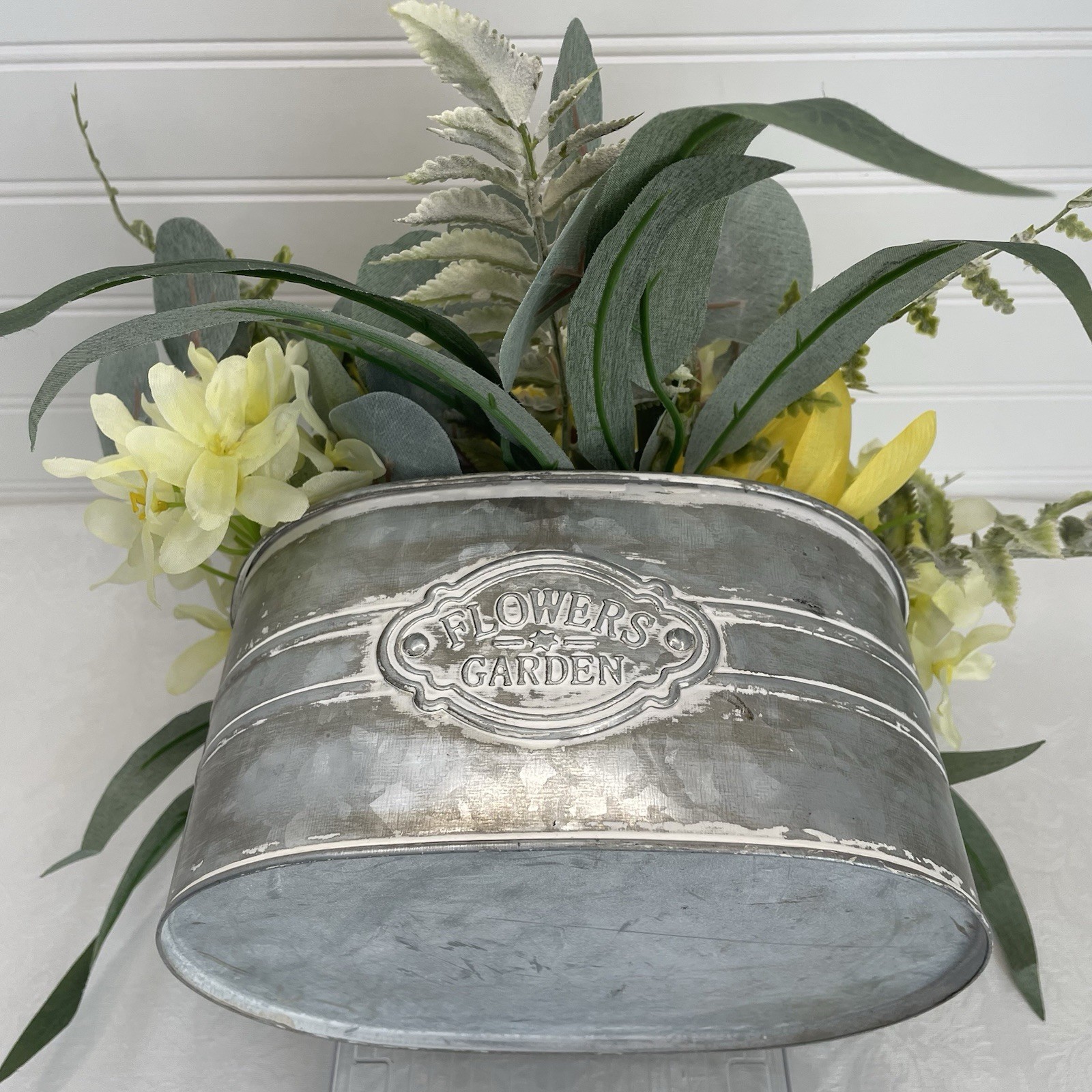 Artificial Floral Basket Arrangement Centerpiece Yellow Flowers in Metal Planter