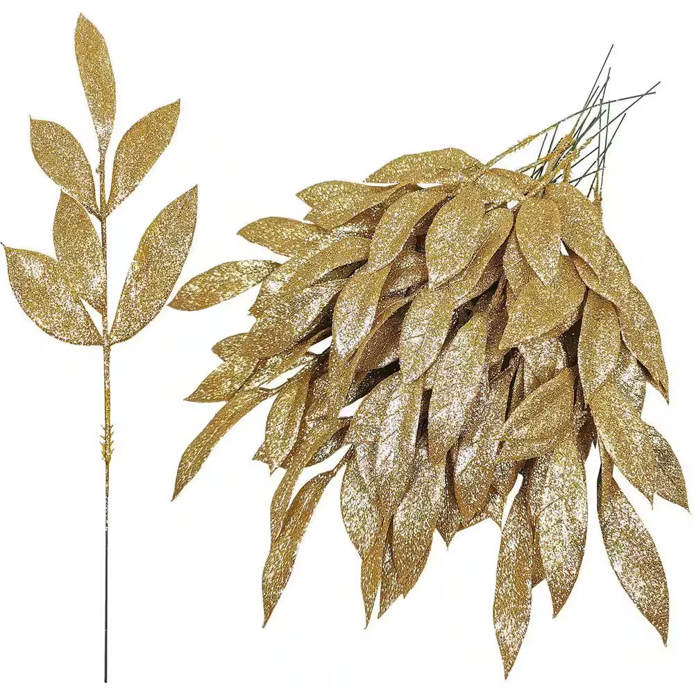 12 In. Gold Glitter Artificial Leaf Spray Foliage Picks for Christmas Wedding Wr