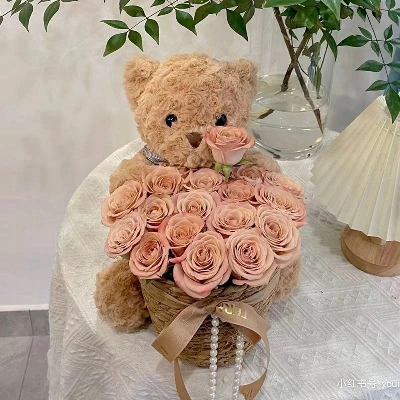 Teddy Bear With 33 Eternal Rose Bouquet— Best Gift For Girlfriend. Best Friend