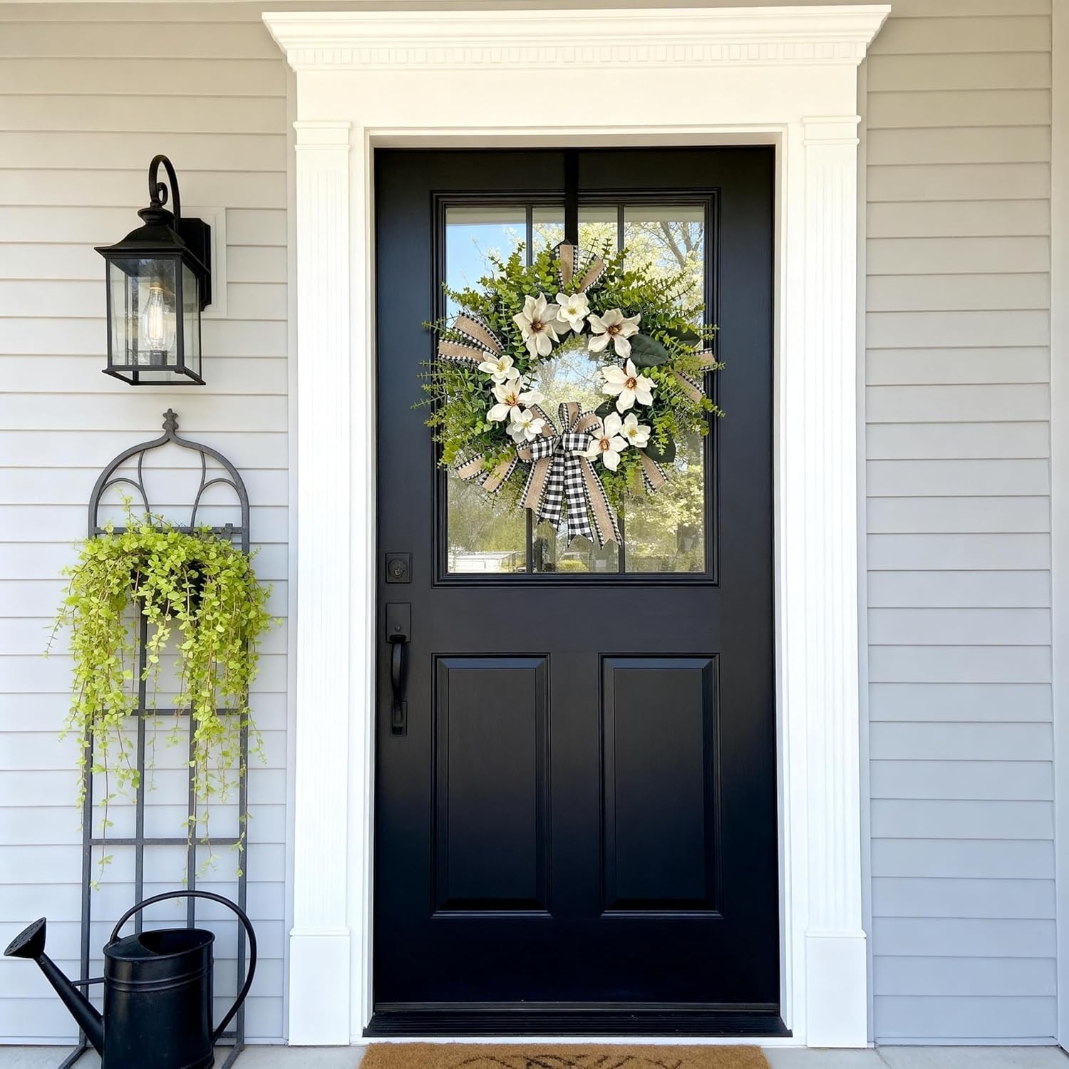 24 Inch Magnolia Wreath Farmhouse Door Decor Greenery Buffalo Plaid Bow
