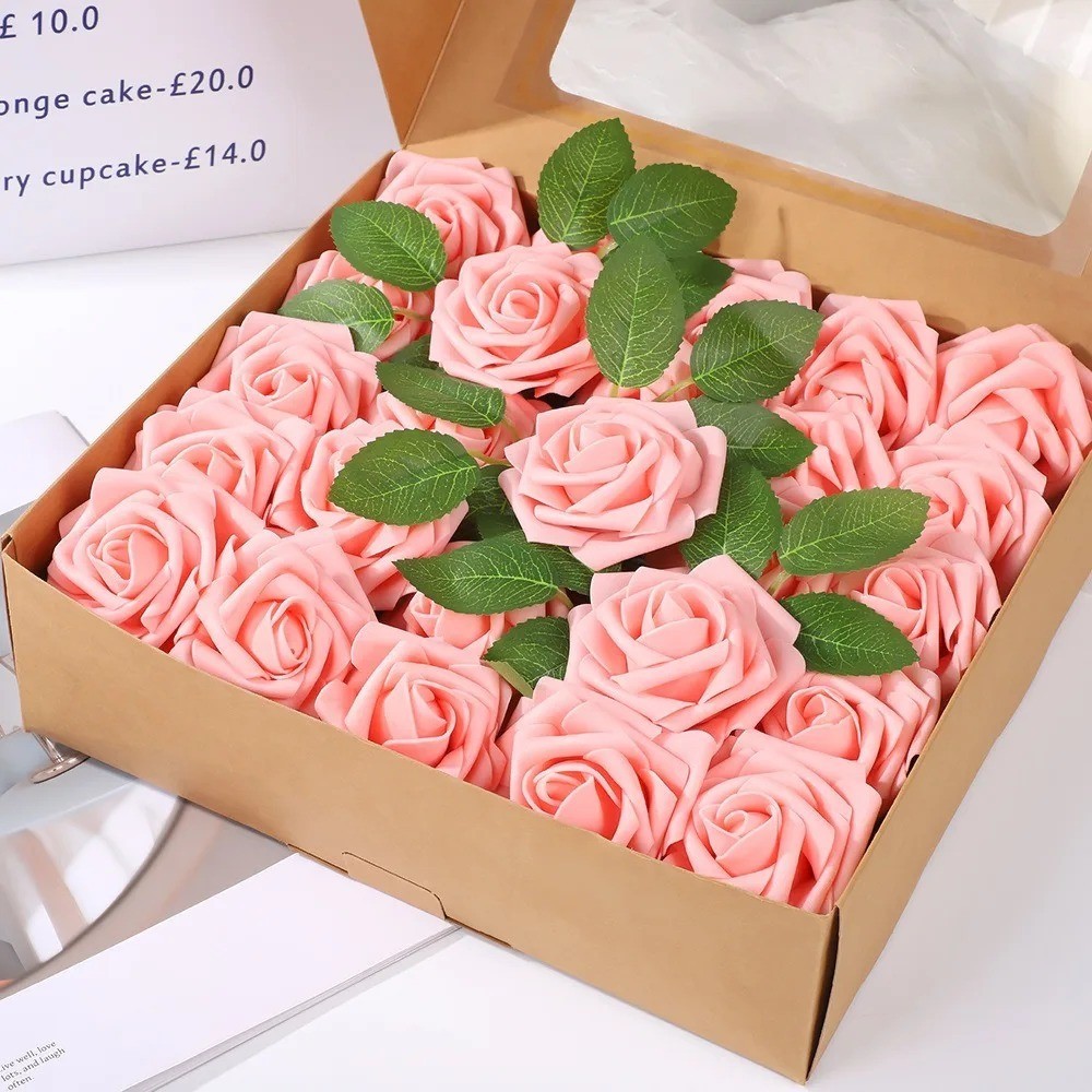 25pcs Artificial Flowers, Fake Flowers Roses W/stem For DIY Wedding Bouquets Cen