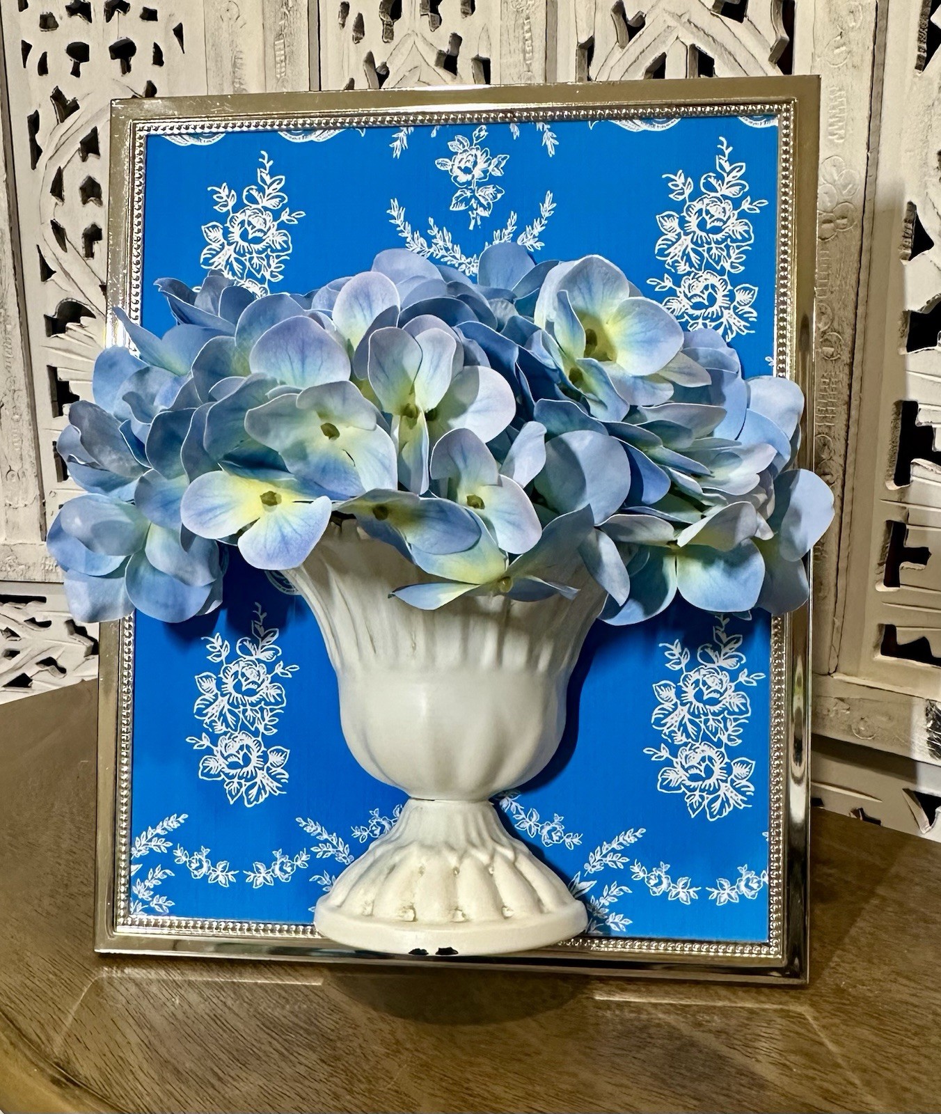 3D Artistry Handmade Blue Hydrangeas in Distressed Metal Urn Framed Florals
