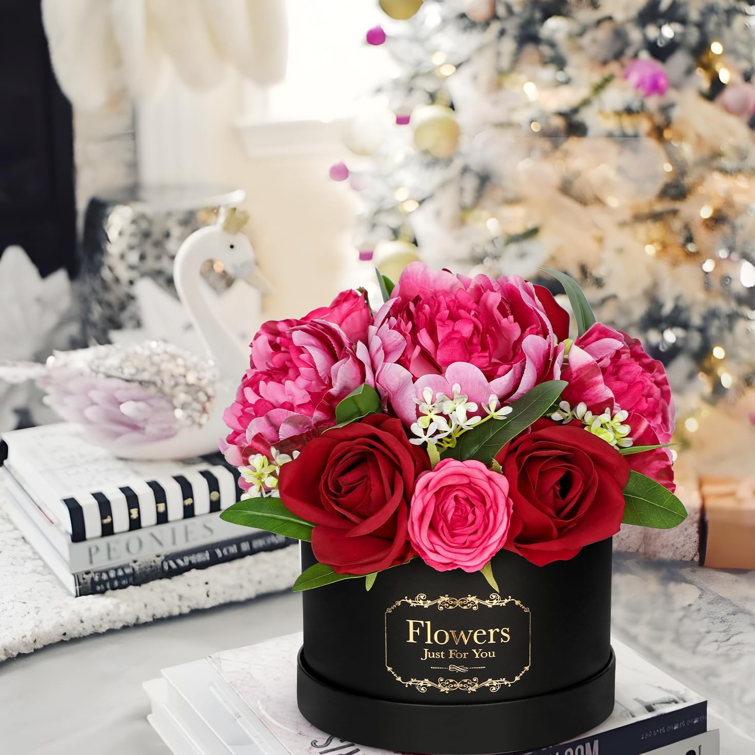 Red Artificial Peonies Roses In Vase Round Gift Box Faux Floral Mother Gift