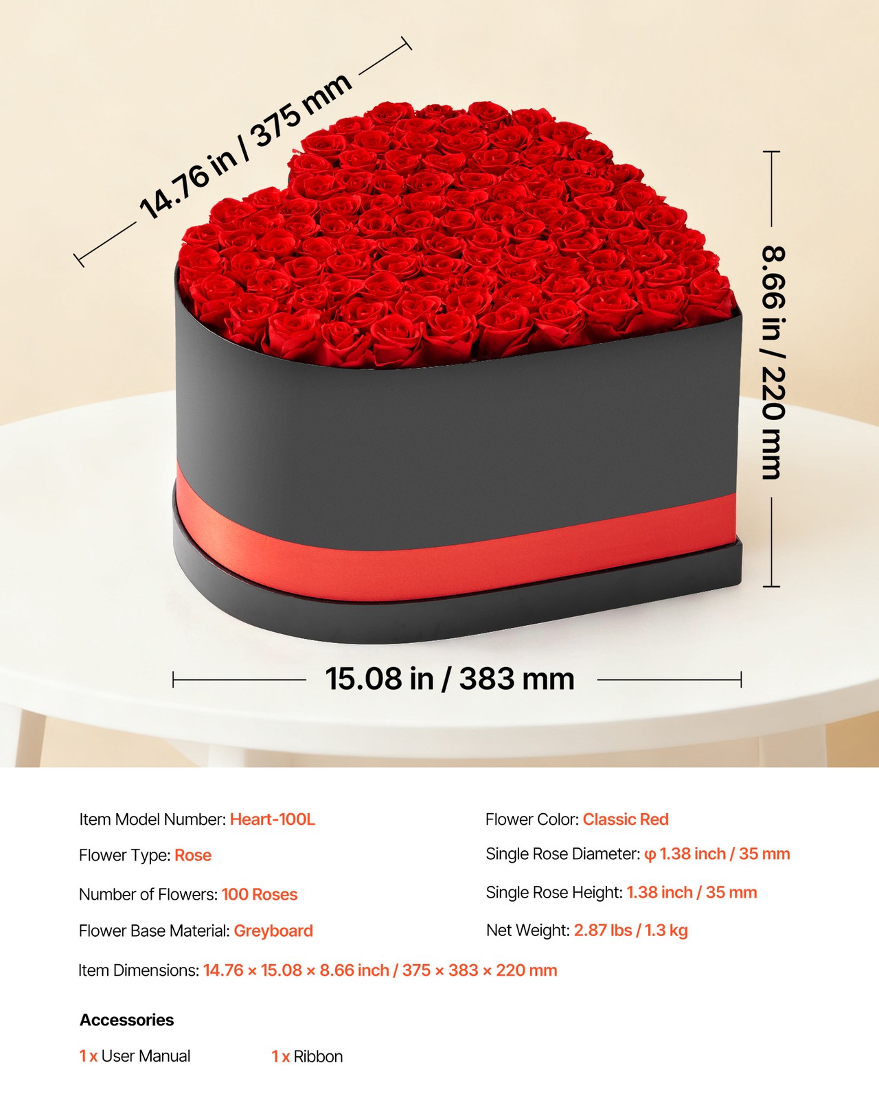 VEVOR Forever Flowers 100 Preserved Roses Heart Box Eternal Bouquet Red