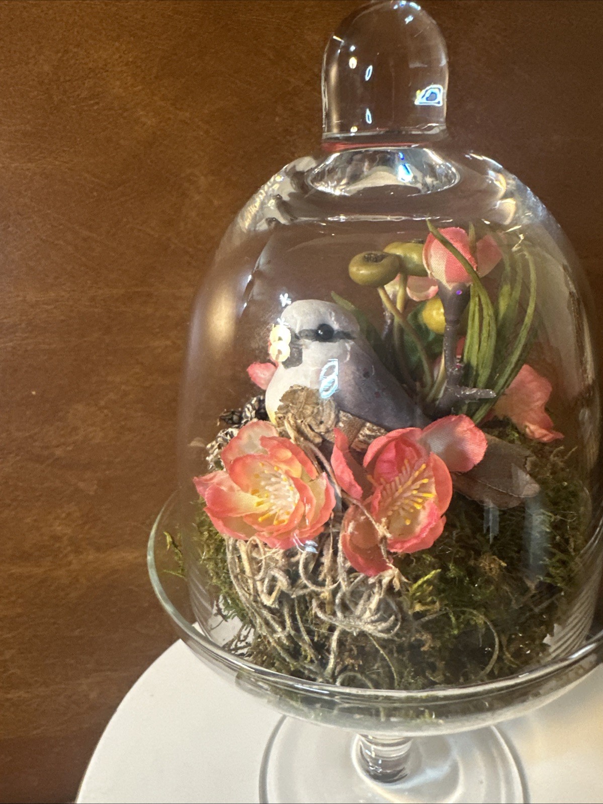 Artificial Vintage Floral Arrangement Glass Dome with Bird Nest, Pink 9”tall b