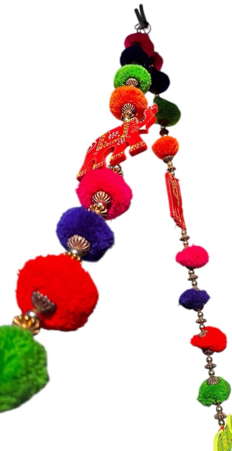 Elephant Garlands Pom Poms Wood Set of 3 Boho Indian Festival Diwali