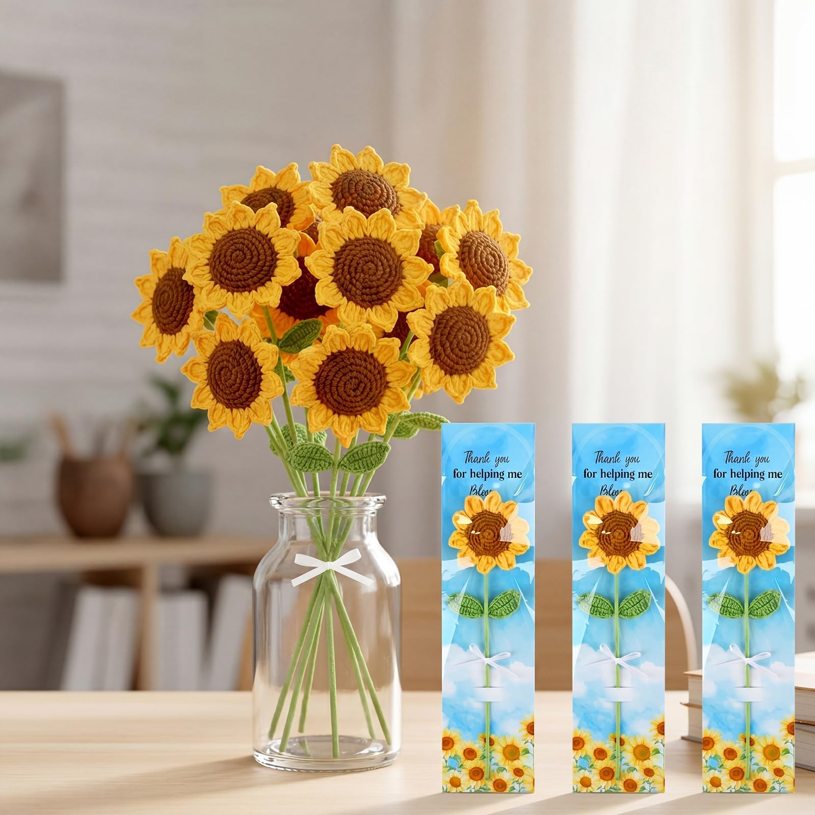 12 Sets Back to Teacher Gifts Crochet Sunflower Gifts 12″ Handmade Knit Sunfl…