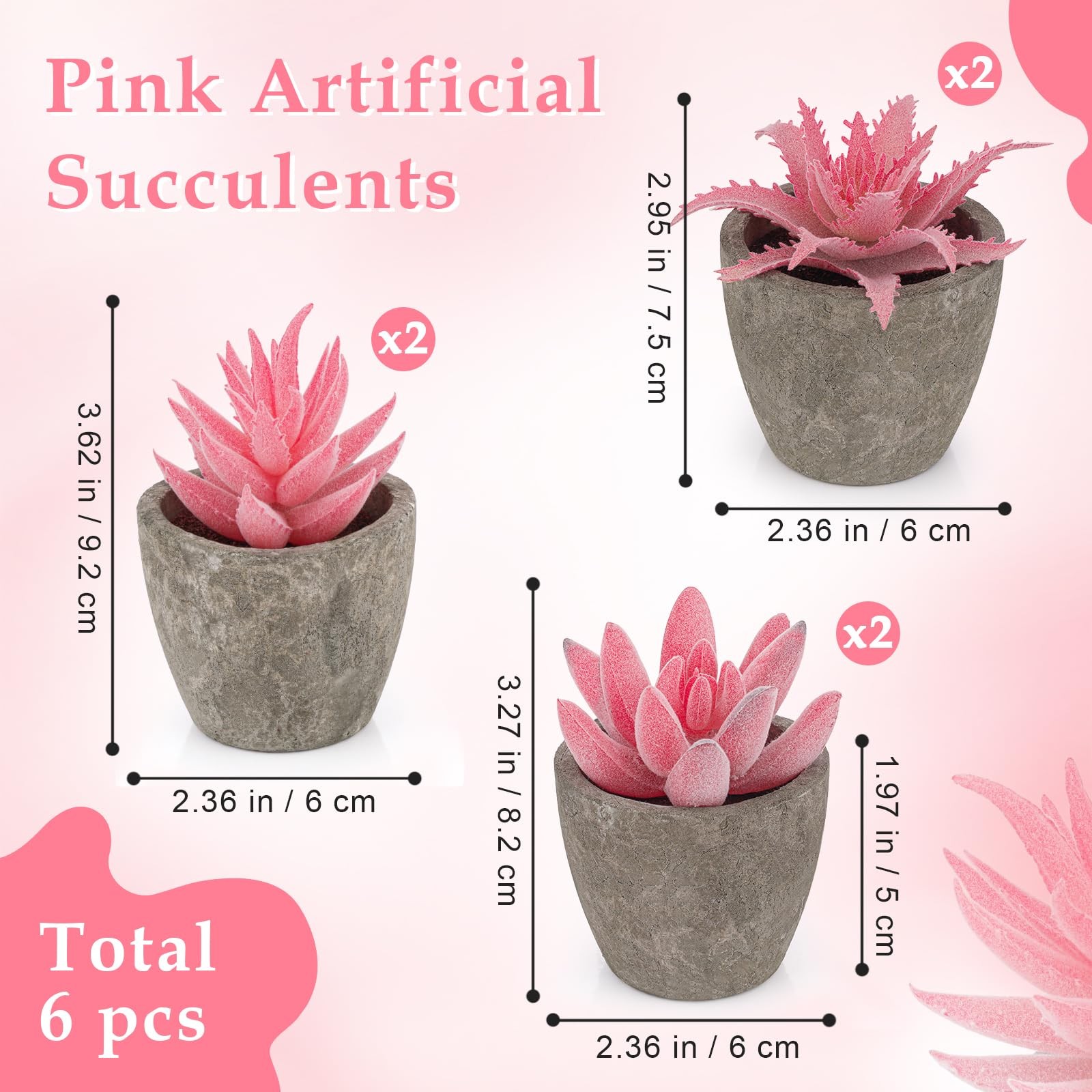6 Pack Pink Succulents Plants Artificial in Pots, Fake Mini Planted Succulent…